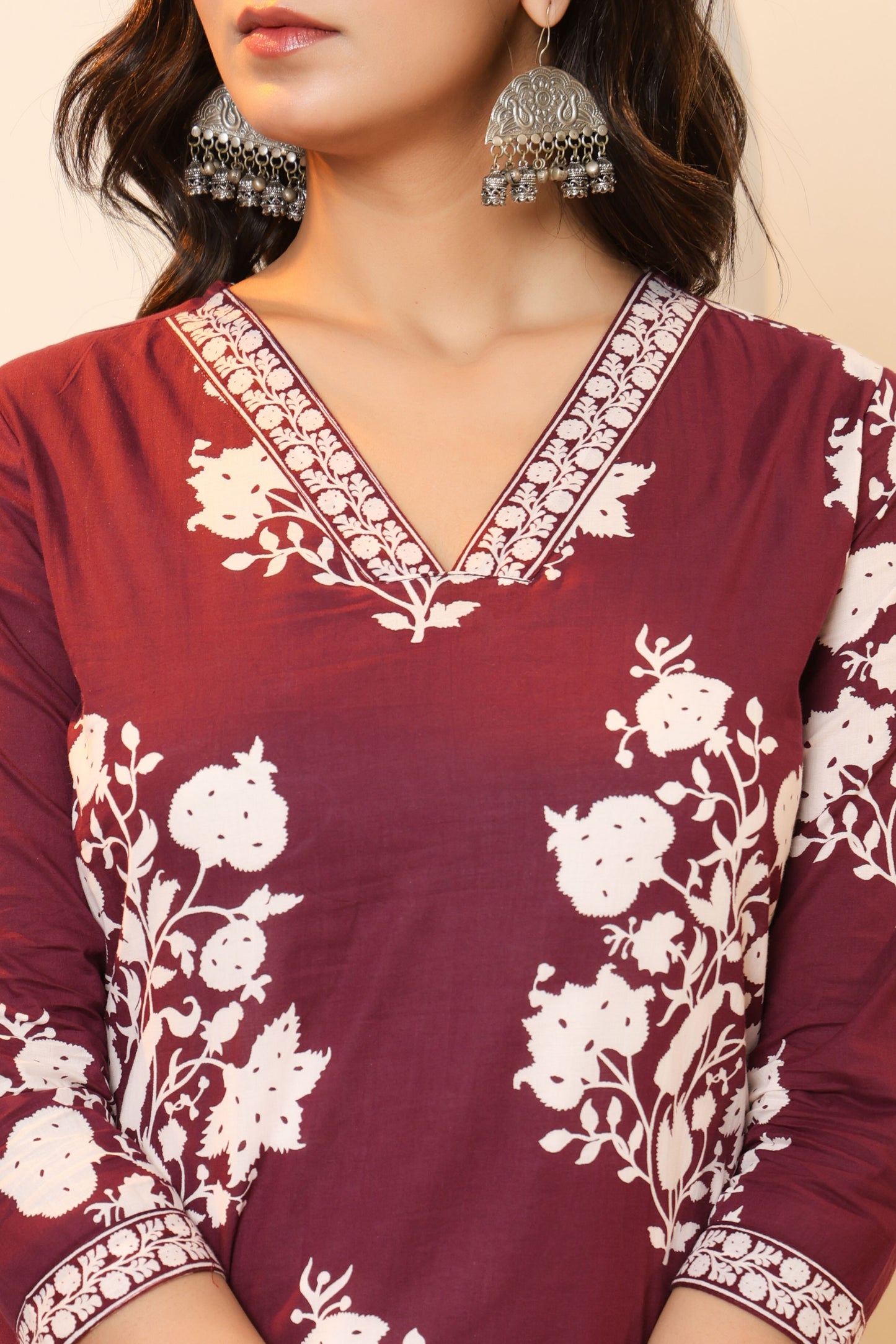 BAGRU HANDBLOCK PRINT COTTON 3 PEICE KURTI PANT SET IN WINE PURPLE BY PLUSSIZEKURTI