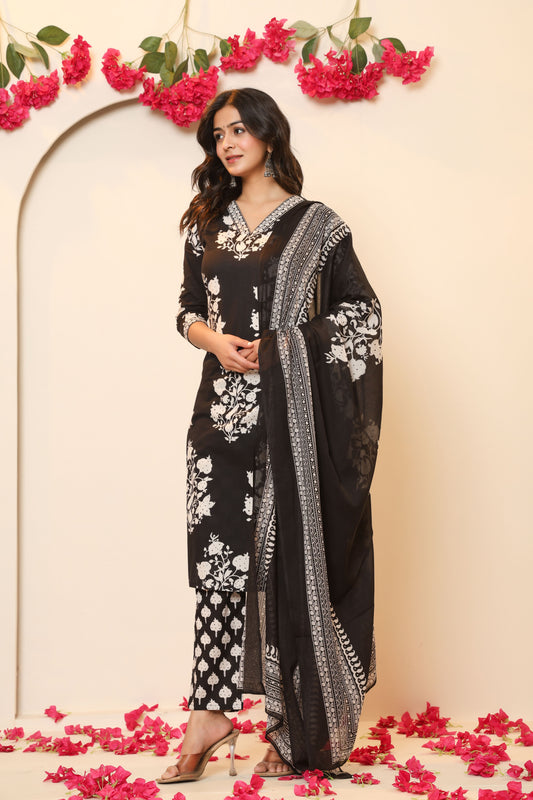 BAGRU HANDBLOCK PRINT COTTON 3 PEICE KURTI PANT SET IN BLACK BY PLUSSIZEKURTI