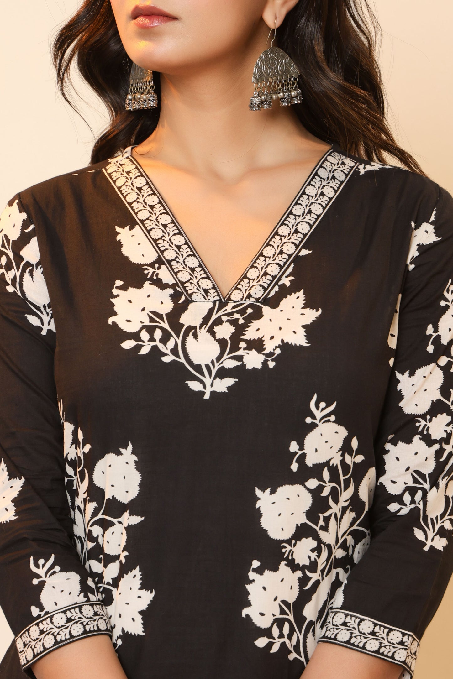 BAGRU HANDBLOCK PRINT COTTON 3 PEICE KURTI PANT SET IN BLACK BY PLUSSIZEKURTI