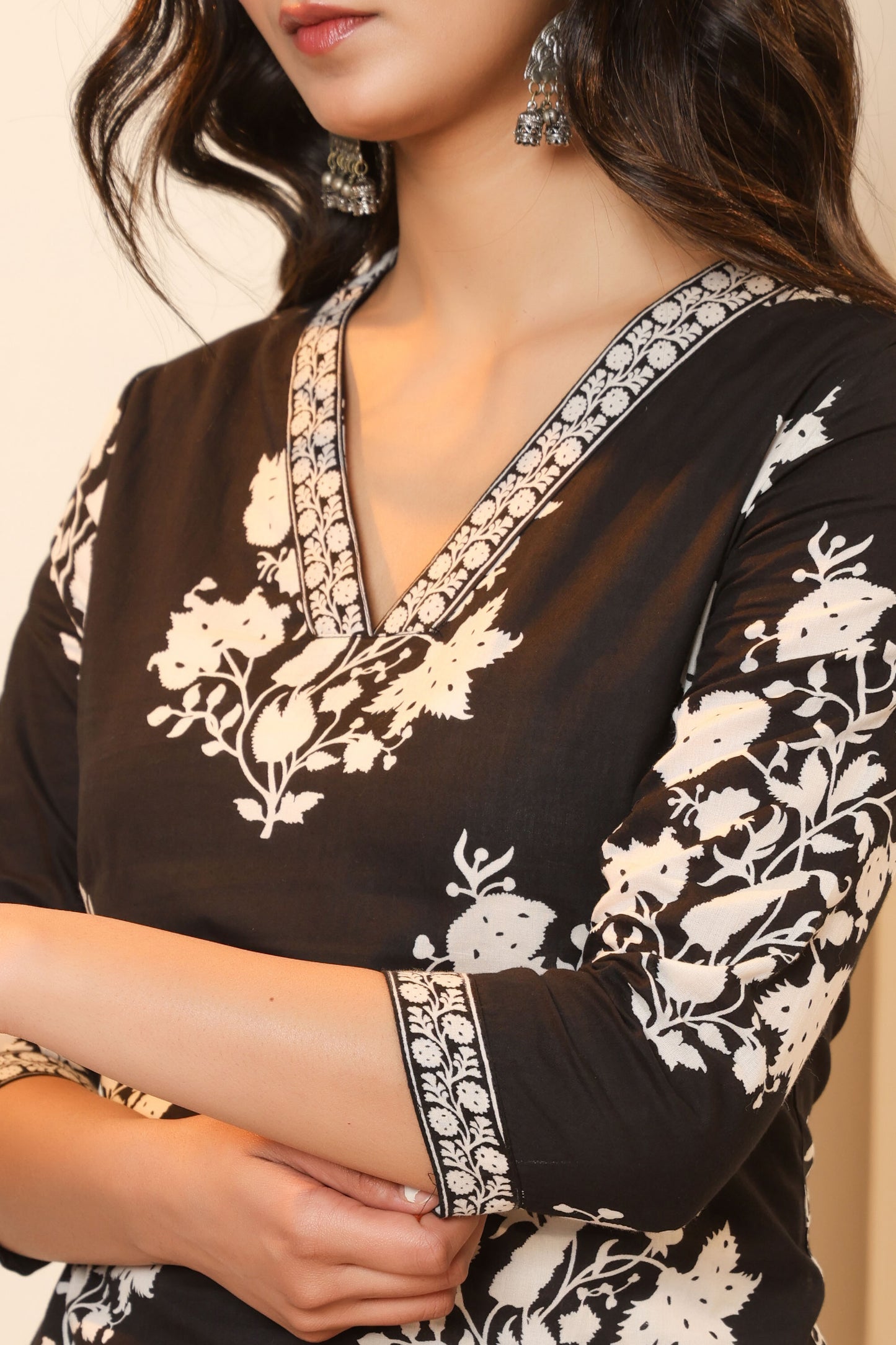 BAGRU HANDBLOCK PRINT COTTON 3 PEICE KURTI PANT SET IN BLACK BY PLUSSIZEKURTI