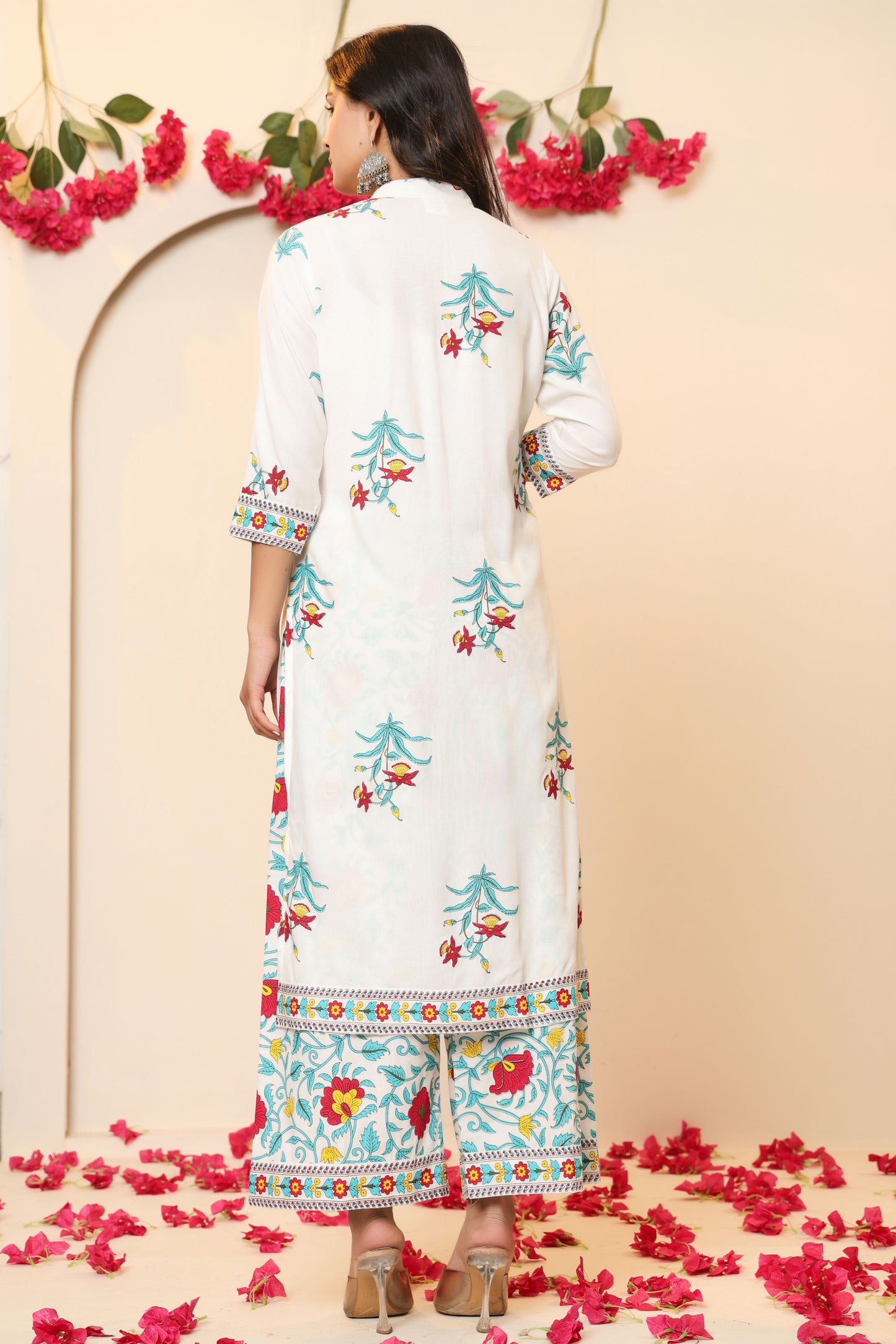 MUGHAL PRINT COTTON 3 PEICE KURTI PLAZZO SET IN WHITE/SKYBLUE BY PLUSSIZEKURTI