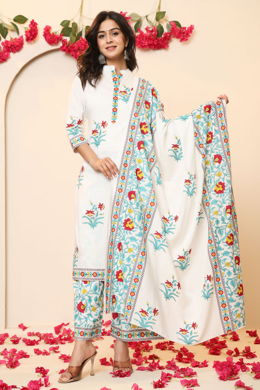 MUGHAL PRINT COTTON 3 PEICE KURTI PLAZZO SET IN WHITE/SKYBLUE BY PLUSSIZEKURTI