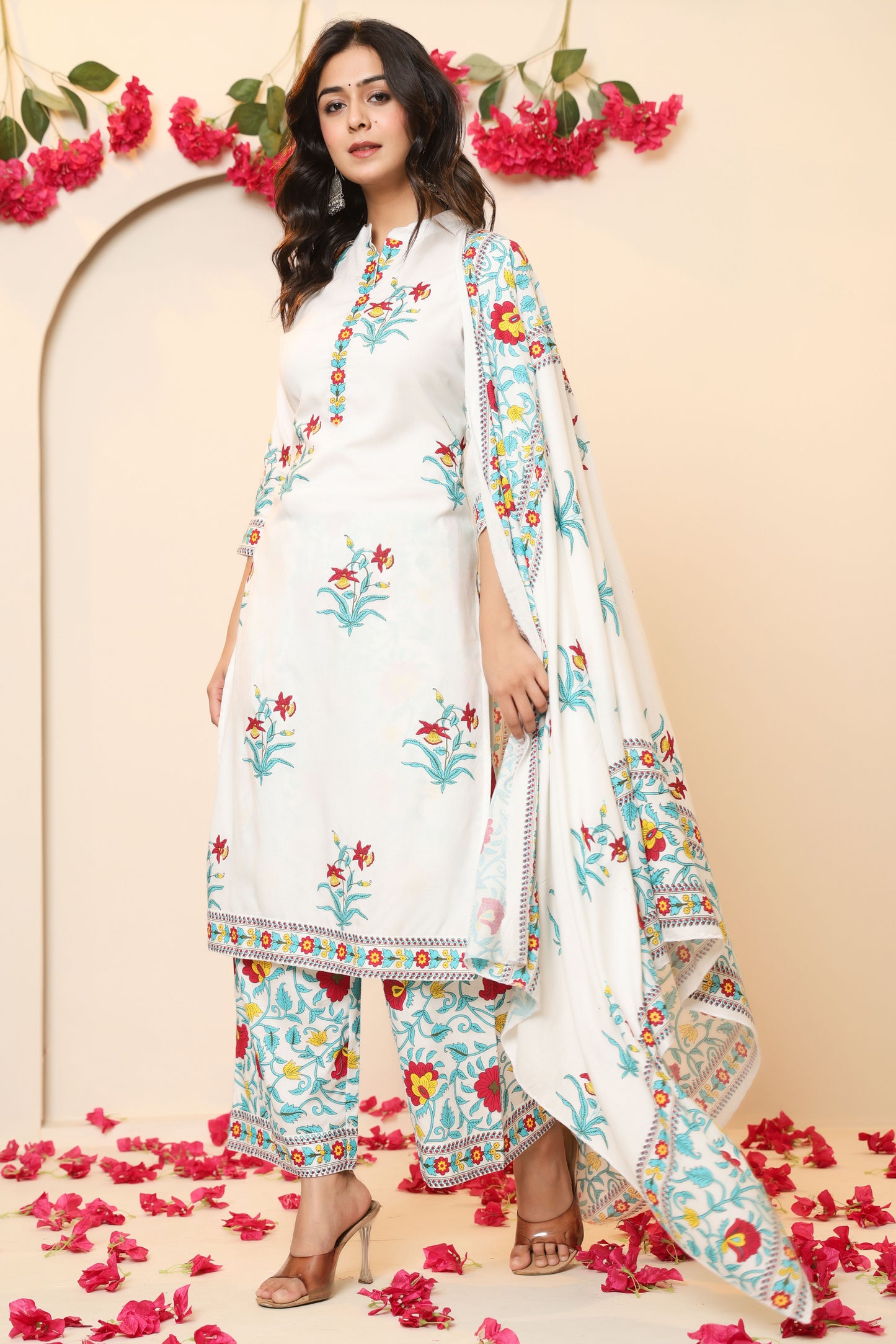 MUGHAL PRINT COTTON 3 PEICE KURTI PLAZZO SET IN WHITE/SKYBLUE BY PLUSSIZEKURTI