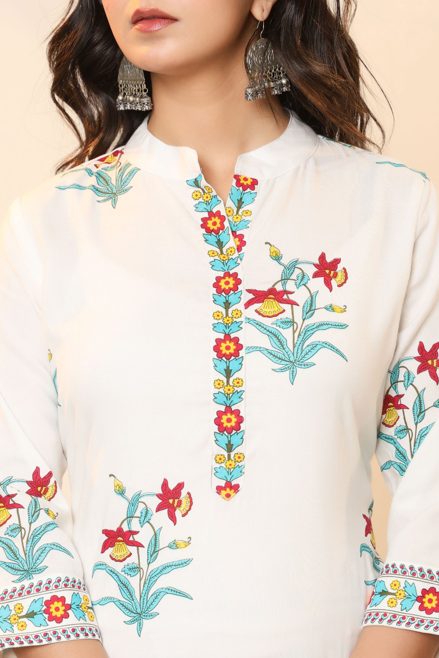 MUGHAL PRINT COTTON 3 PEICE KURTI PLAZZO SET IN WHITE/SKYBLUE BY PLUSSIZEKURTI