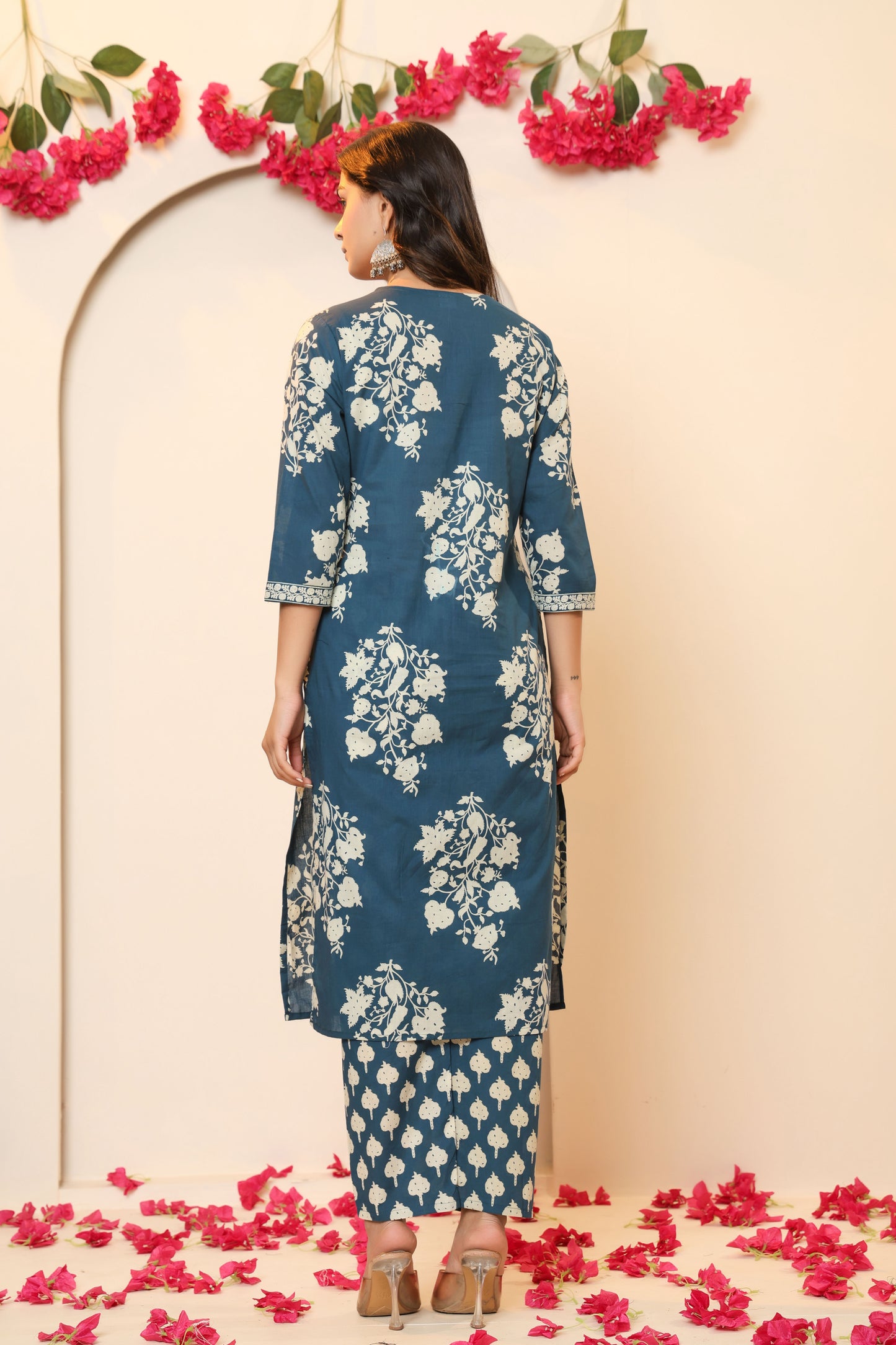 BAGRU HANDBLOCK PRINT COTTON 3 PEICE KURTI PANT SET IN TEALBLUE BY PLUSSIZEKURTI