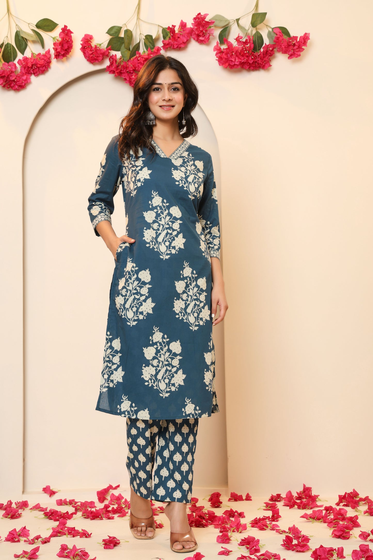 BAGRU HANDBLOCK PRINT COTTON 3 PEICE KURTI PANT SET IN TEALBLUE BY PLUSSIZEKURTI