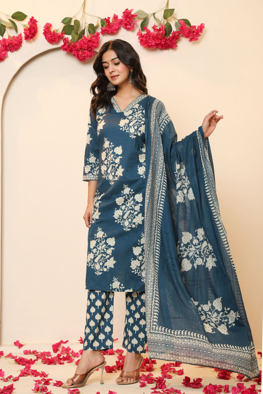BAGRU HANDBLOCK PRINT COTTON 3 PEICE KURTI PANT SET IN TEALBLUE BY PLUSSIZEKURTI