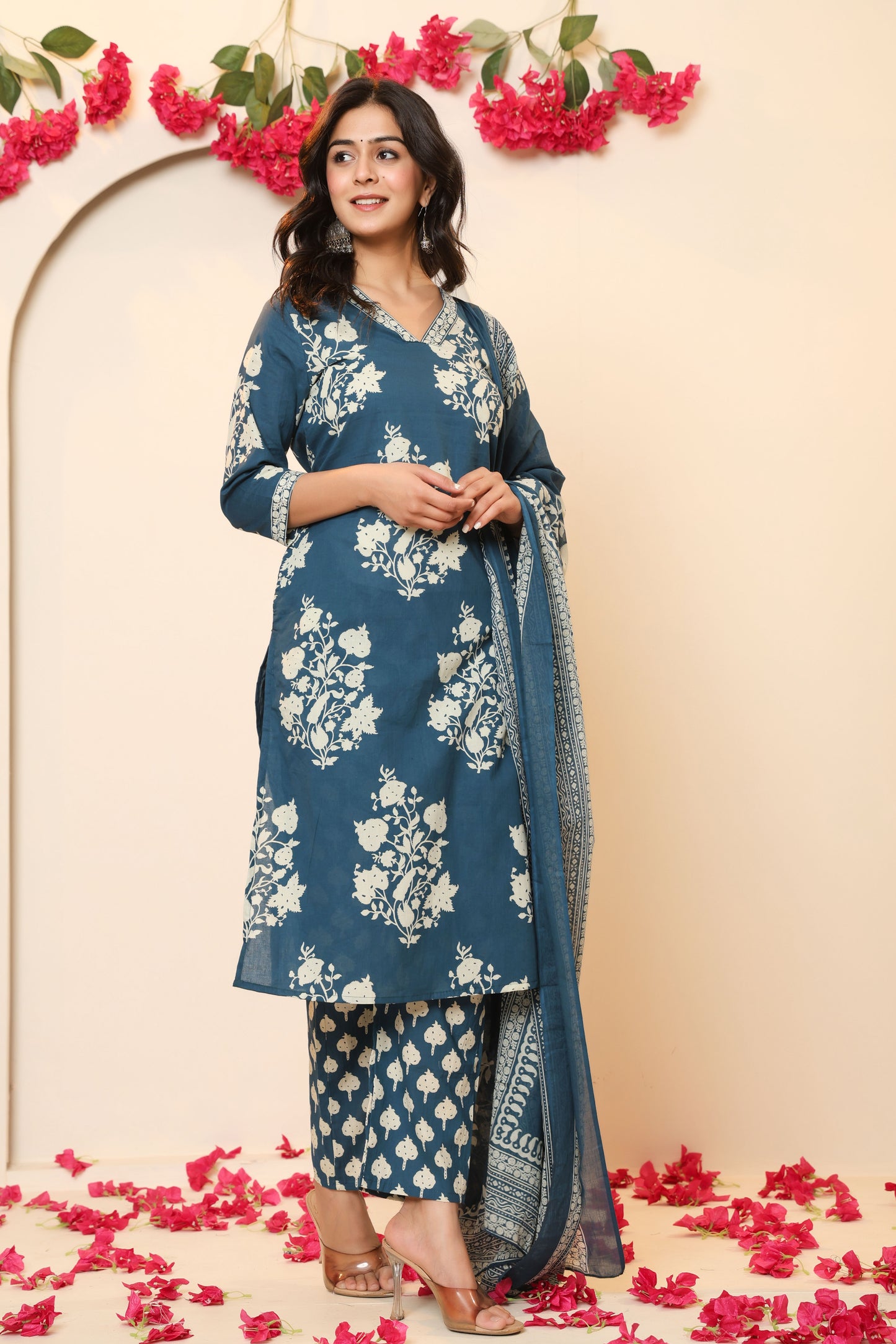 BAGRU HANDBLOCK PRINT COTTON 3 PEICE KURTI PANT SET IN TEALBLUE BY PLUSSIZEKURTI