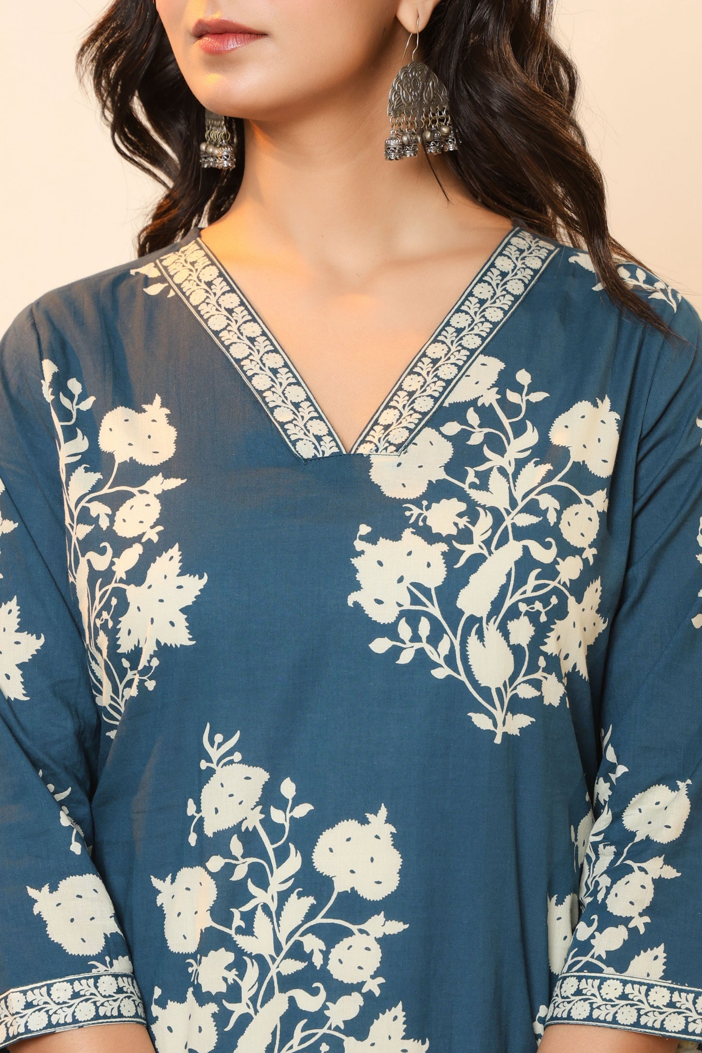 BAGRU HANDBLOCK PRINT COTTON 3 PEICE KURTI PANT SET IN TEALBLUE BY PLUSSIZEKURTI