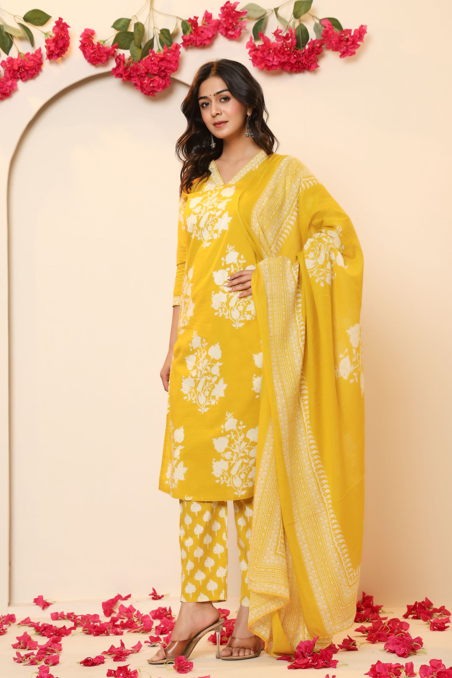 BAGRU HANDBLOCK PRINT COTTON 3 PEICE KURTI PANT SET IN YELLOW BY PLUSSIZEKURTI