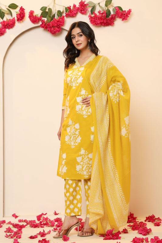 BAGRU HANDBLOCK PRINT COTTON 3 PEICE KURTI PANT SET IN YELLOW BY PLUSSIZEKURTI