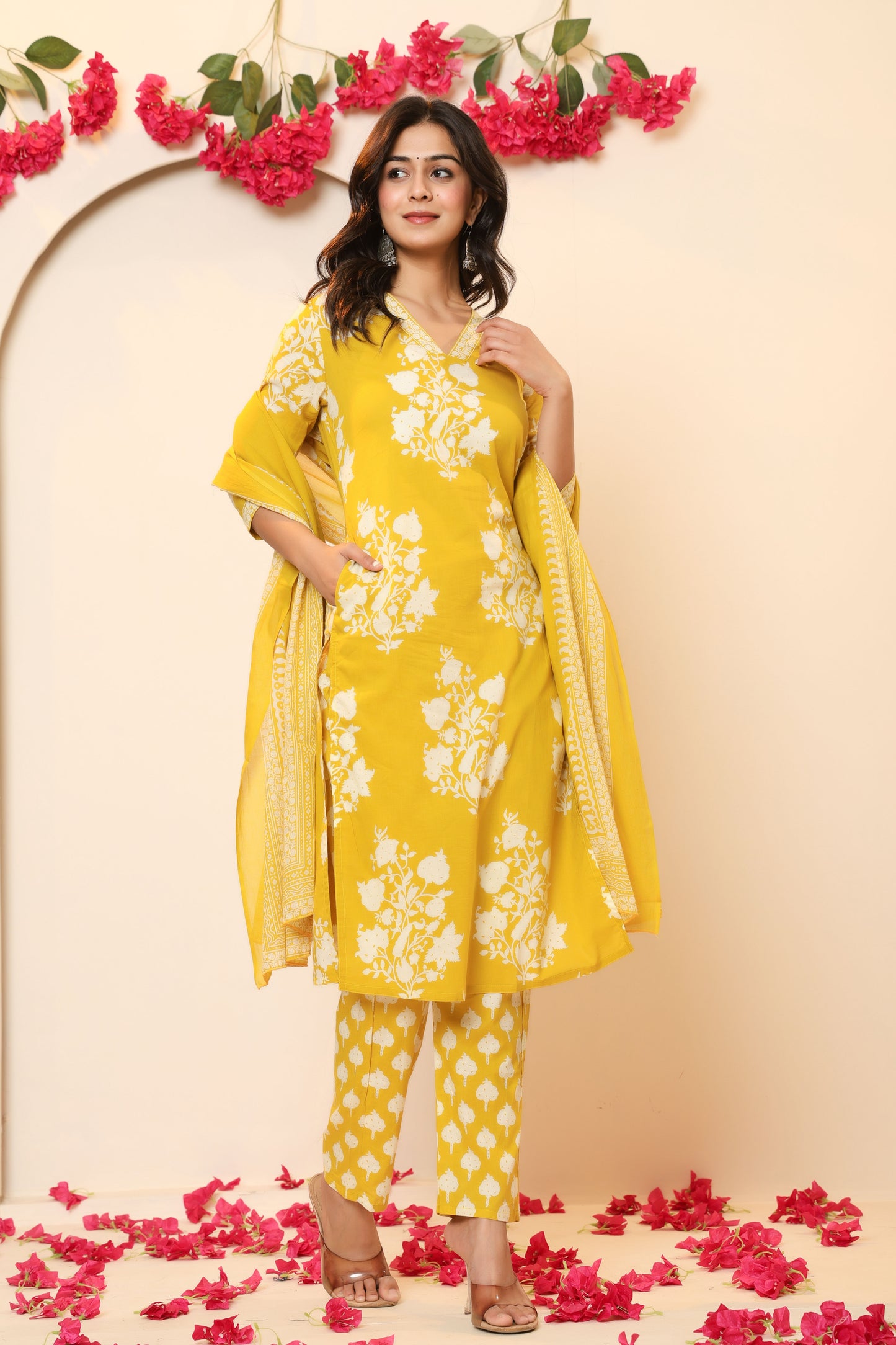 BAGRU HANDBLOCK PRINT COTTON 3 PEICE KURTI PANT SET IN YELLOW BY PLUSSIZEKURTI