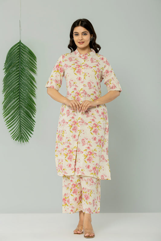 FLORAL PRINT COTTON FLEX 2 PEICE KURTI PLAZZO SET IN CREAM/PINK BY PLUSSIZEKURTI