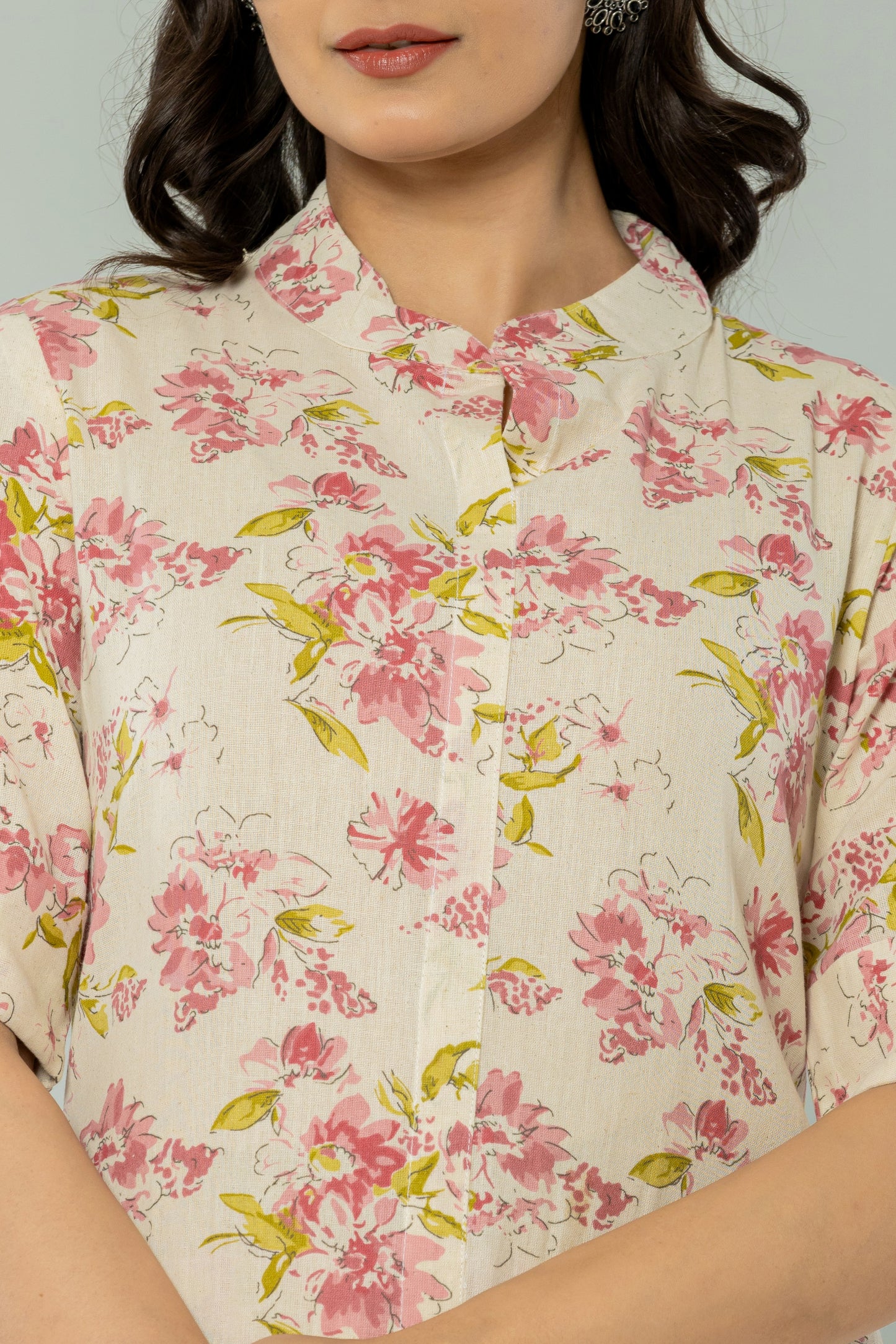 FLORAL PRINT COTTON FLEX 2 PEICE KURTI PLAZZO SET IN CREAM/PINK BY PLUSSIZEKURTI