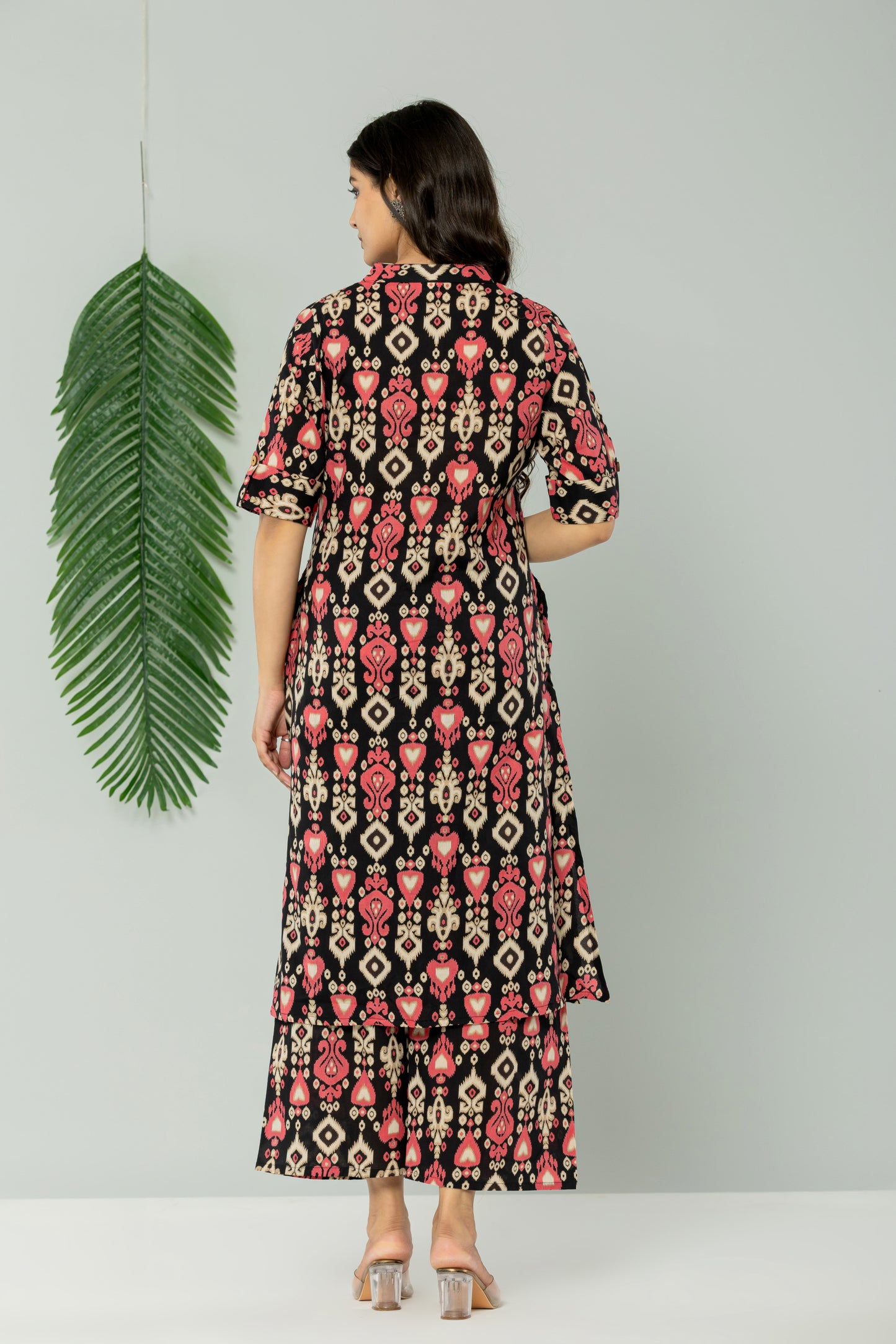 IKAT PRINT COTTON 2 PEICE KURTI PLAZZO SET IN BLACK BY PLUSSIZEKURTI