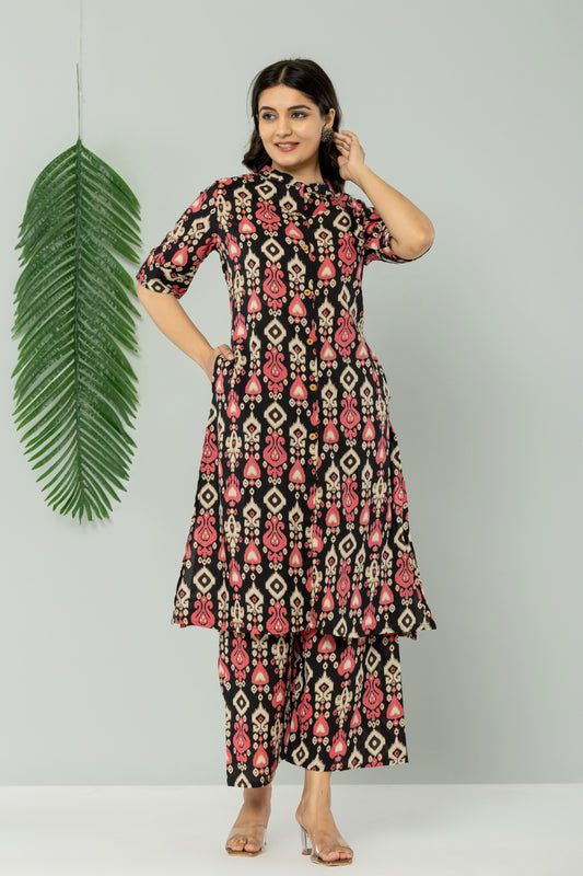 IKAT PRINT COTTON 2 PEICE KURTI PLAZZO SET IN BLACK BY PLUSSIZEKURTI