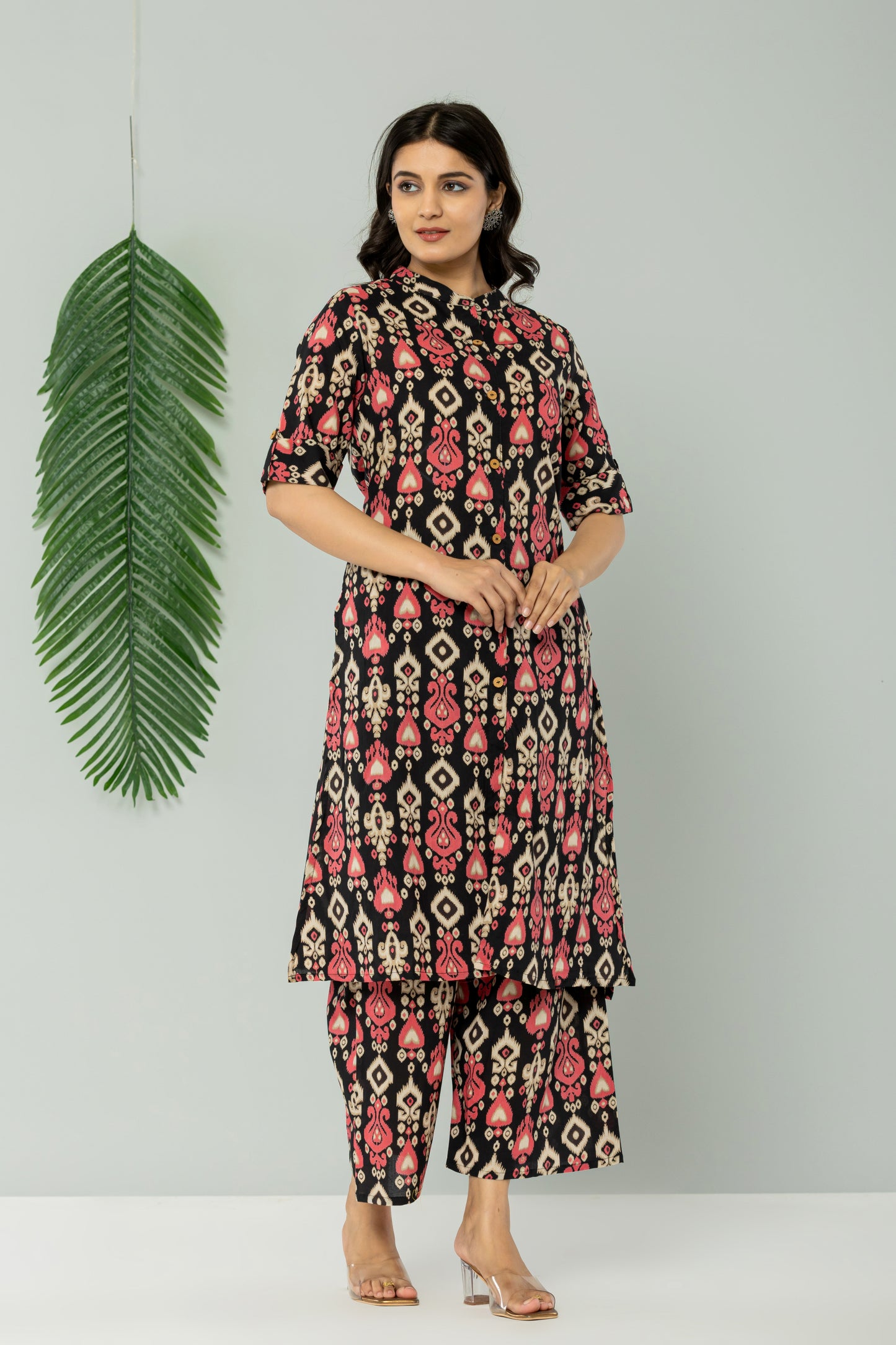 IKAT PRINT COTTON 2 PEICE KURTI PLAZZO SET IN BLACK BY PLUSSIZEKURTI