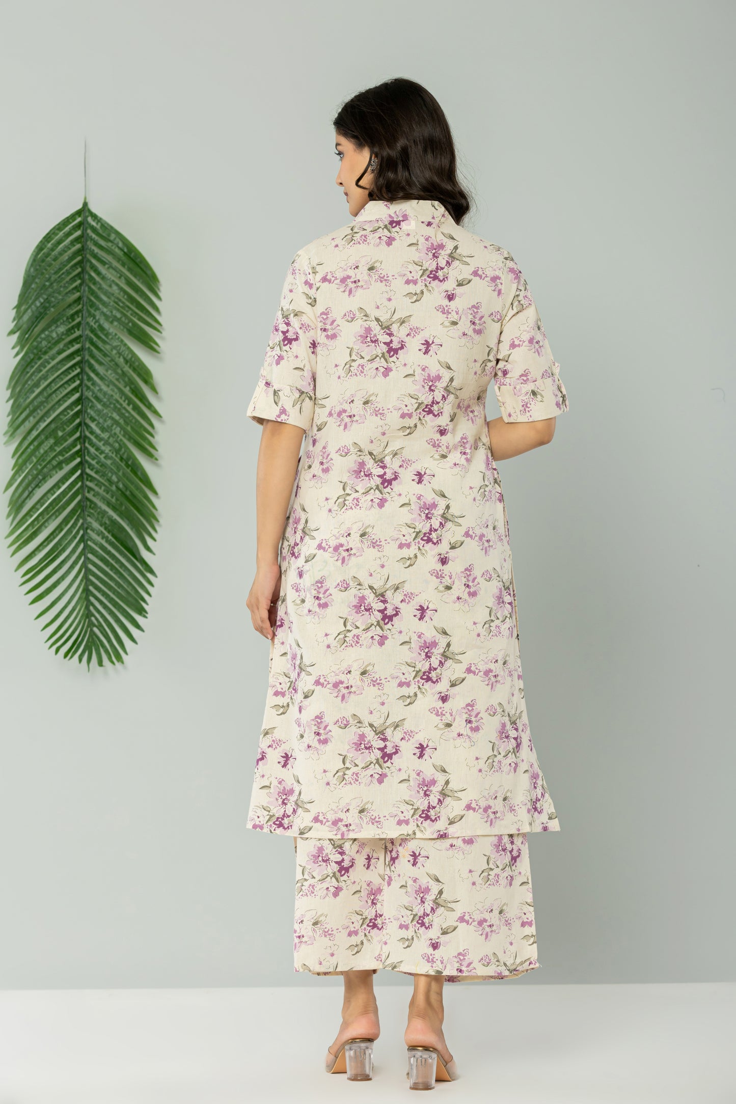FLORAL PRINT COTTON FLEX 2 PEICE KURTI PLAZZO SET IN CREAM/LAVENDER BY PLUSSIZEKURTI