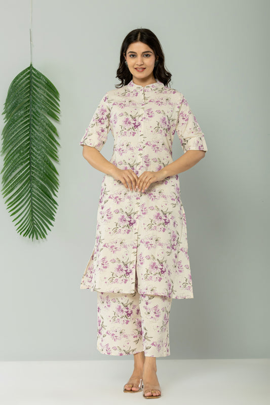 FLORAL PRINT COTTON FLEX 2 PEICE KURTI PLAZZO SET IN CREAM/LAVENDER BY PLUSSIZEKURTI