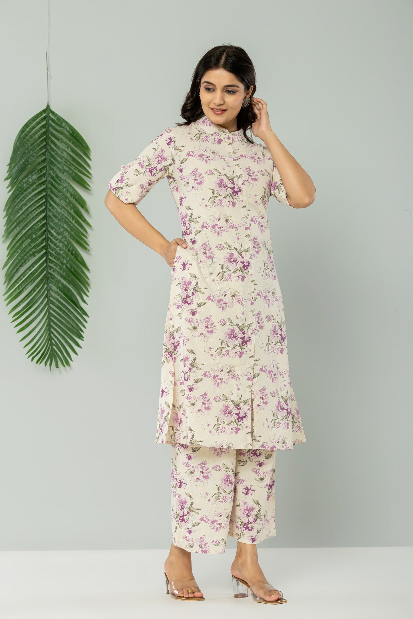 FLORAL PRINT COTTON FLEX 2 PEICE KURTI PLAZZO SET IN CREAM/LAVENDER BY PLUSSIZEKURTI