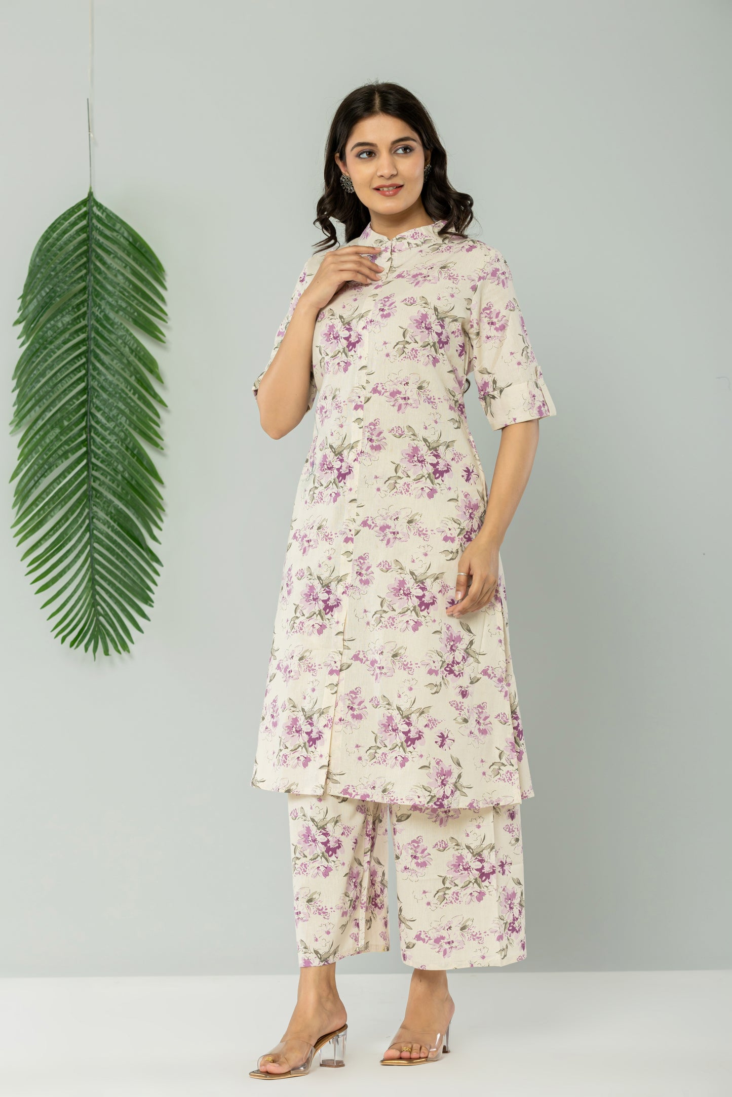FLORAL PRINT COTTON FLEX 2 PEICE KURTI PLAZZO SET IN CREAM/LAVENDER BY PLUSSIZEKURTI