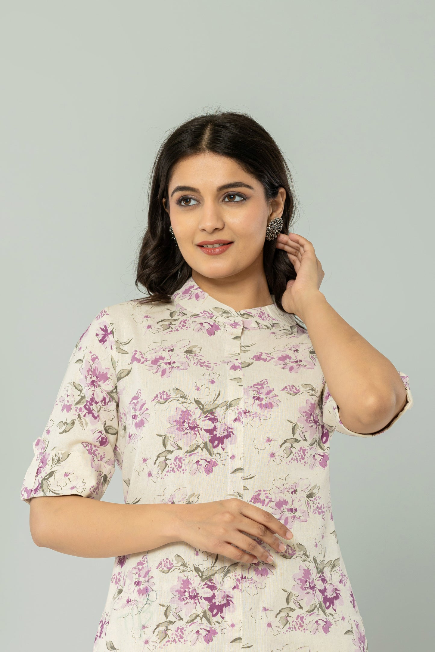 FLORAL PRINT COTTON FLEX 2 PEICE KURTI PLAZZO SET IN CREAM/LAVENDER BY PLUSSIZEKURTI