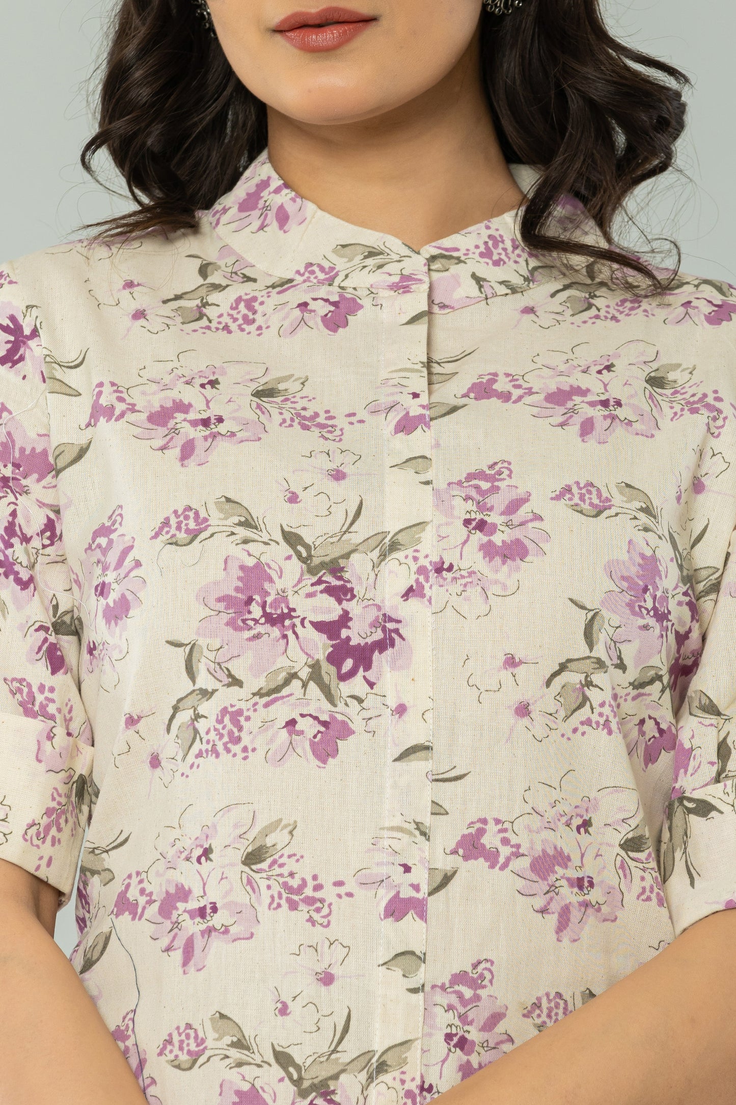 FLORAL PRINT COTTON FLEX 2 PEICE KURTI PLAZZO SET IN CREAM/LAVENDER BY PLUSSIZEKURTI