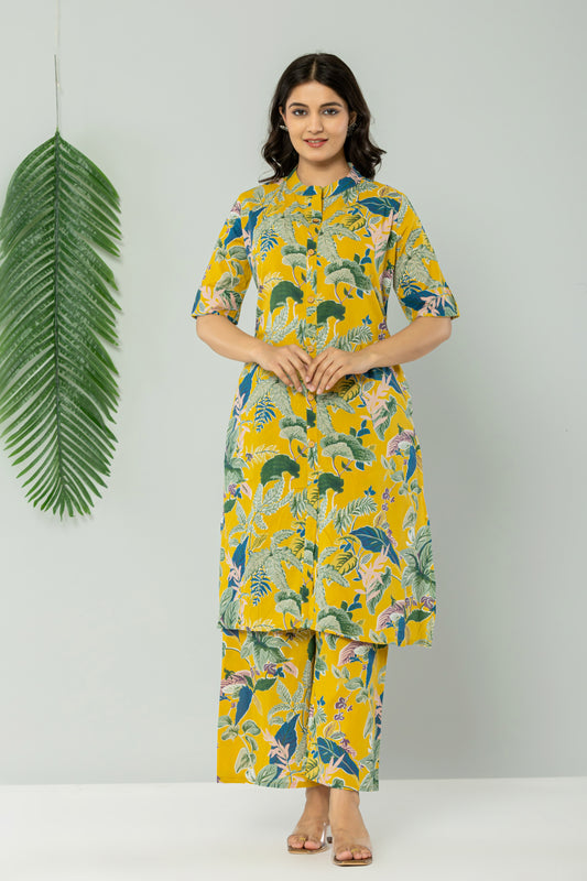 JUNGLE PRINT COTTON 2 PEICE KURTI PLAZZO SET IN YELLOW BY PLUSSIZEKURTI