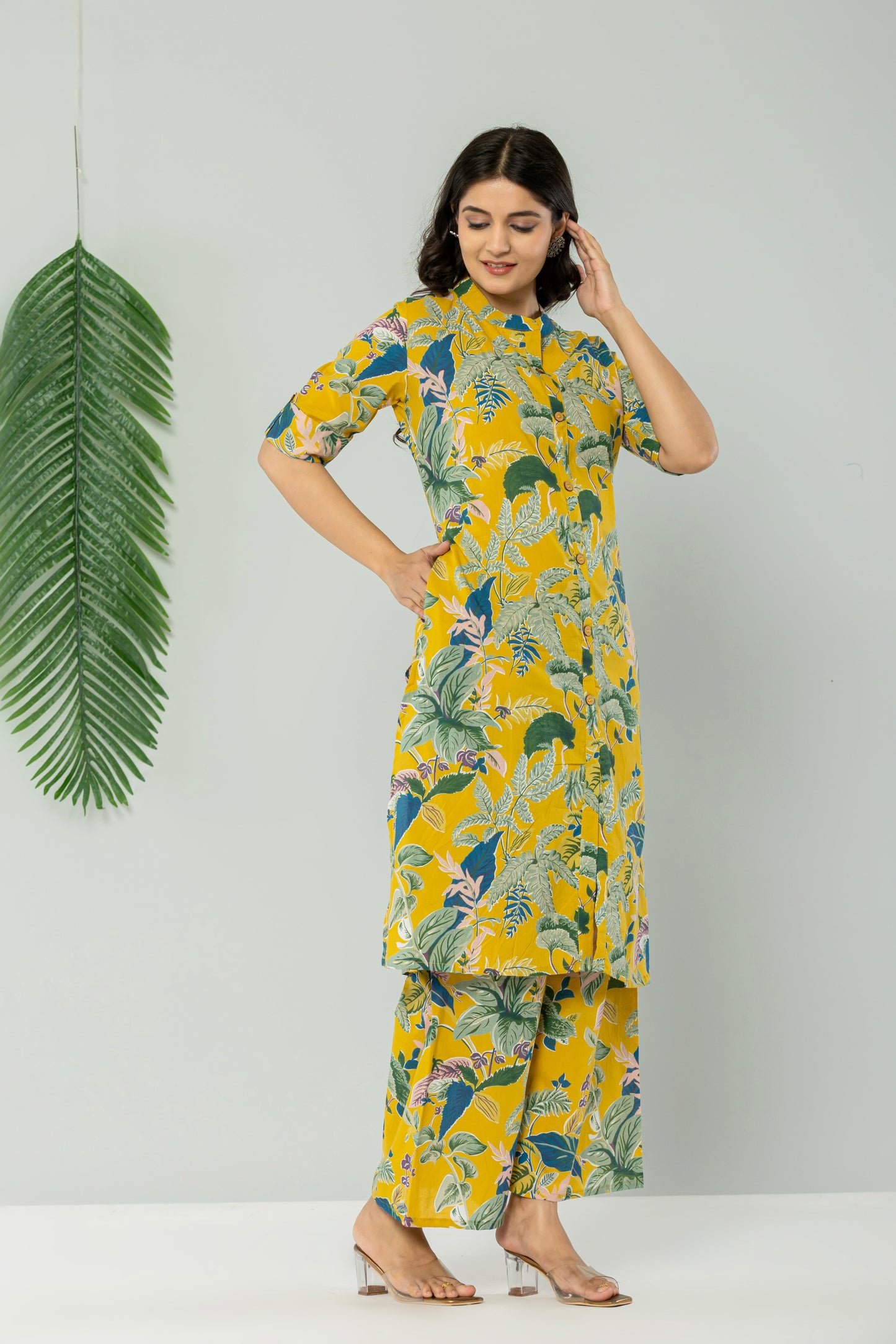 JUNGLE PRINT COTTON 2 PEICE KURTI PLAZZO SET IN YELLOW BY PLUSSIZEKURTI