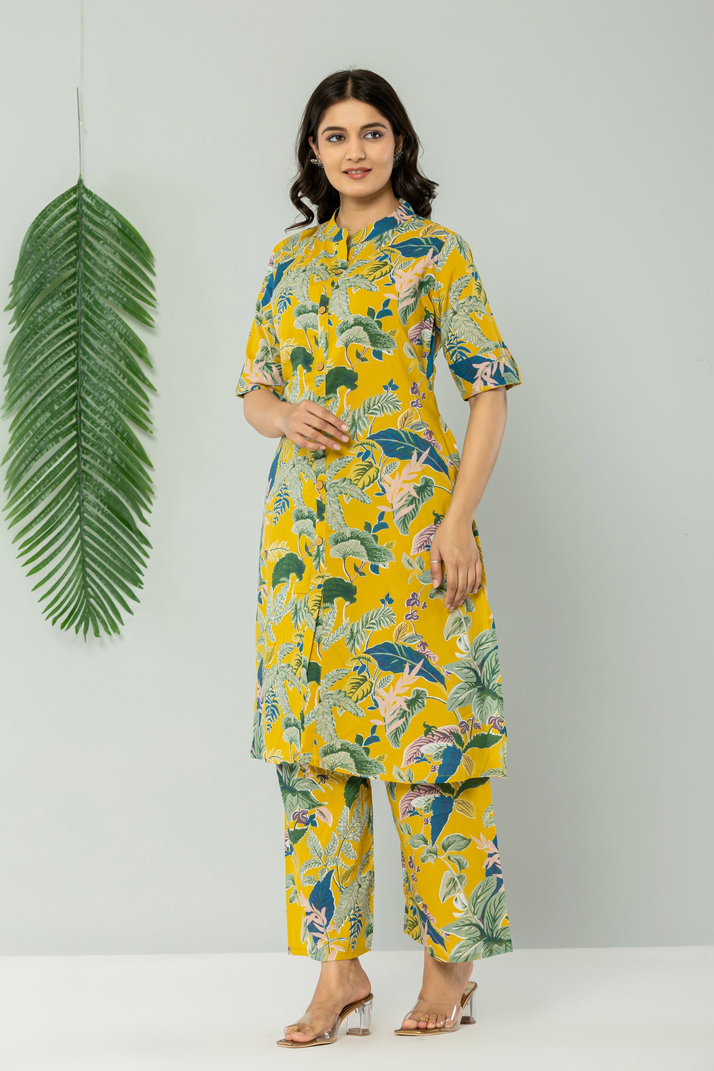 JUNGLE PRINT COTTON 2 PEICE KURTI PLAZZO SET IN YELLOW BY PLUSSIZEKURTI