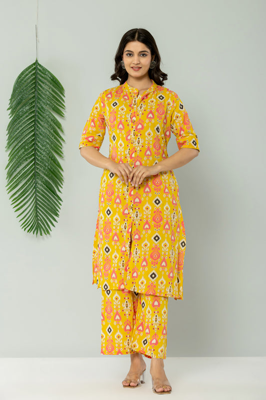 IKAT PRINT COTTON 2 PEICE KURTI PLAZZO SET IN YELLOW BY PLUSSIZEKURTI