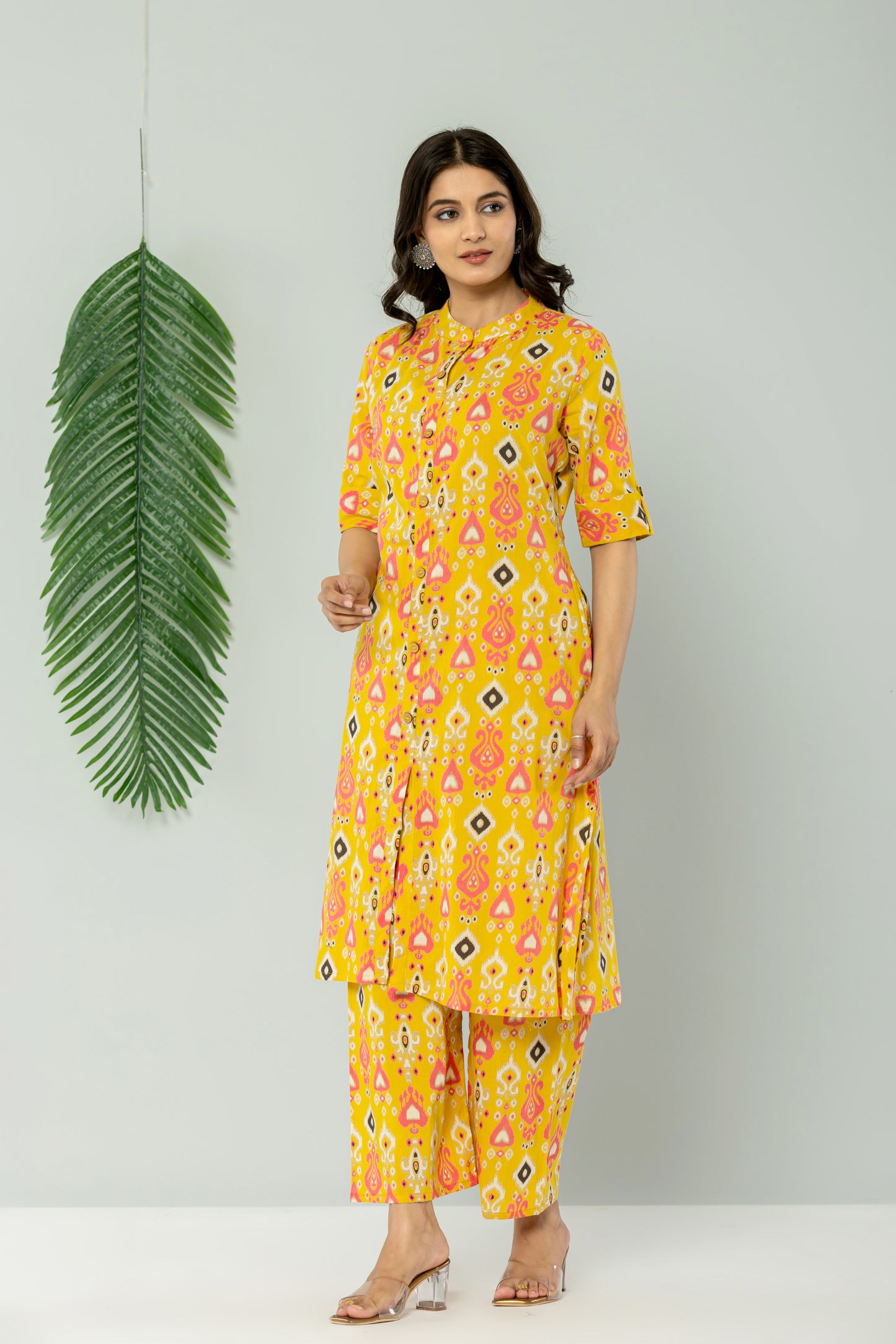 IKAT PRINT COTTON 2 PEICE KURTI PLAZZO SET IN YELLOW BY PLUSSIZEKURTI