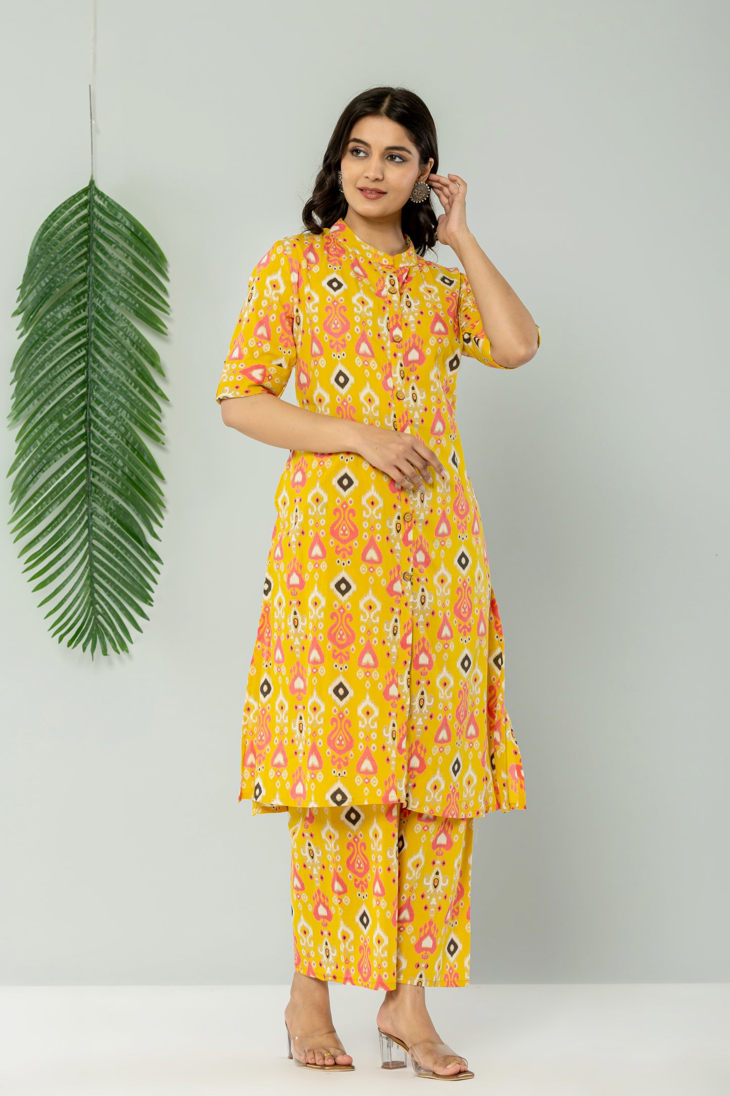 IKAT PRINT COTTON 2 PEICE KURTI PLAZZO SET IN YELLOW BY PLUSSIZEKURTI