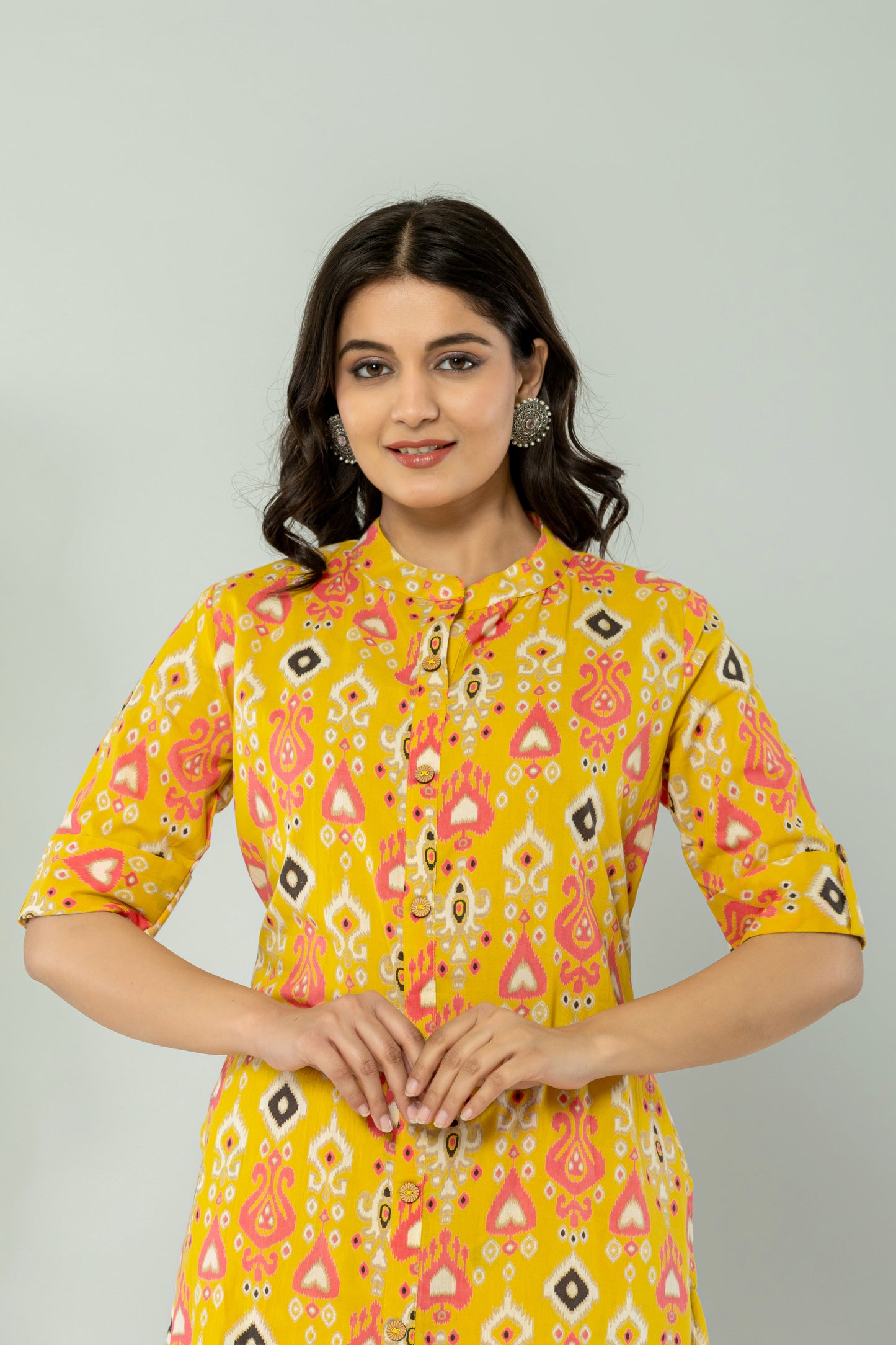 IKAT PRINT COTTON 2 PEICE KURTI PLAZZO SET IN YELLOW BY PLUSSIZEKURTI