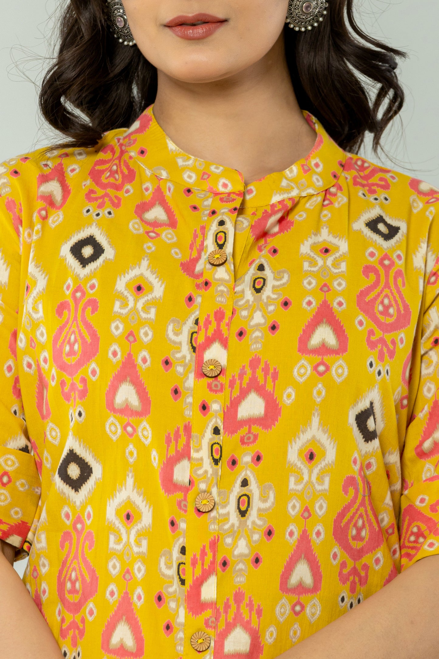 IKAT PRINT COTTON 2 PEICE KURTI PLAZZO SET IN YELLOW BY PLUSSIZEKURTI