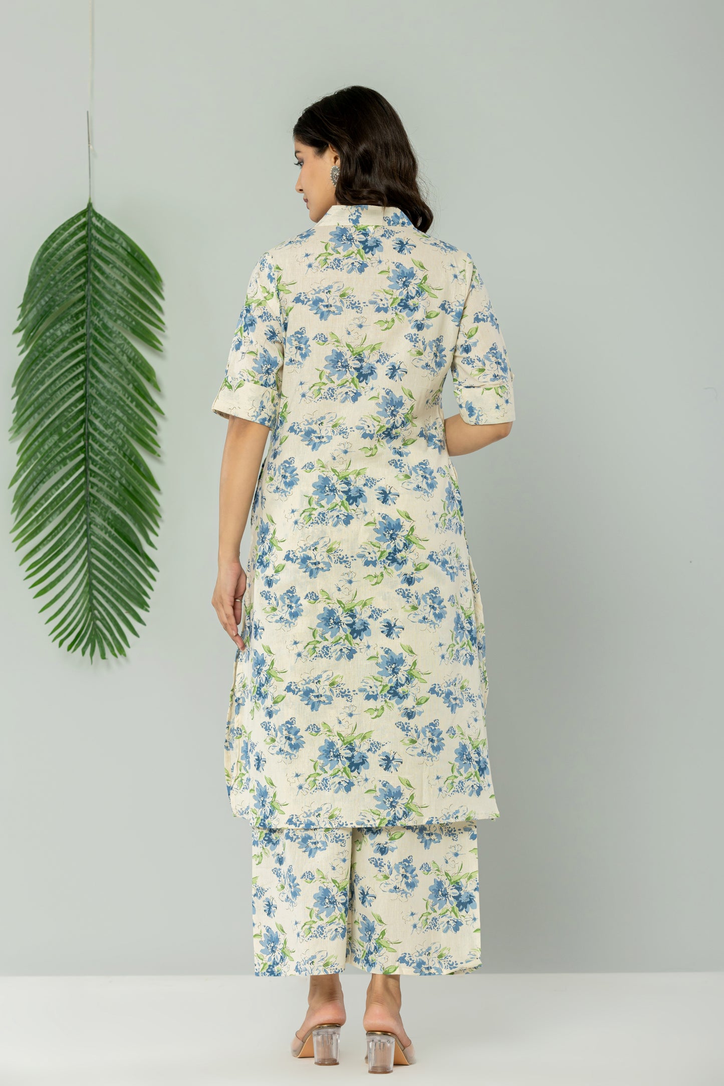 FLORAL PRINT COTTON FLEX 2 PEICE KURTI PLAZZO SET IN CREAM/BLUE BY PLUSSIZEKURTI