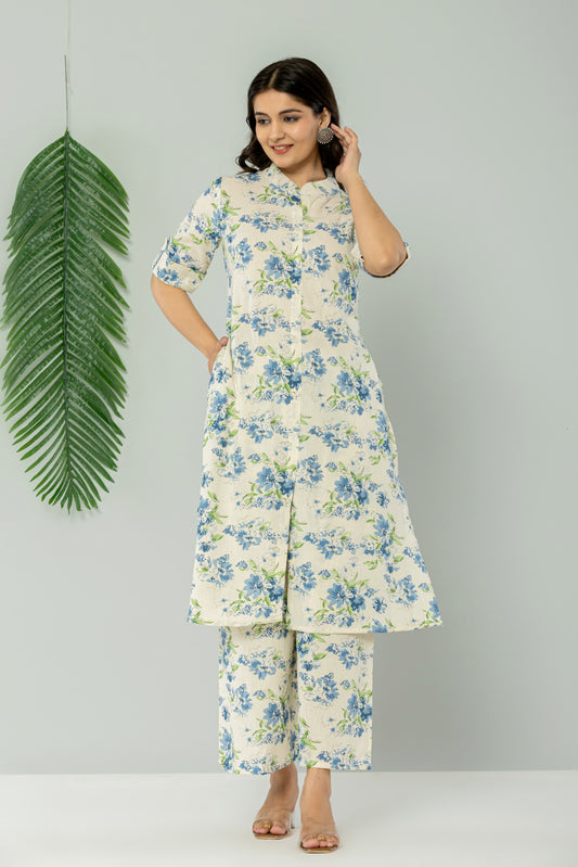 FLORAL PRINT COTTON FLEX 2 PEICE KURTI PLAZZO SET IN CREAM/BLUE BY PLUSSIZEKURTI