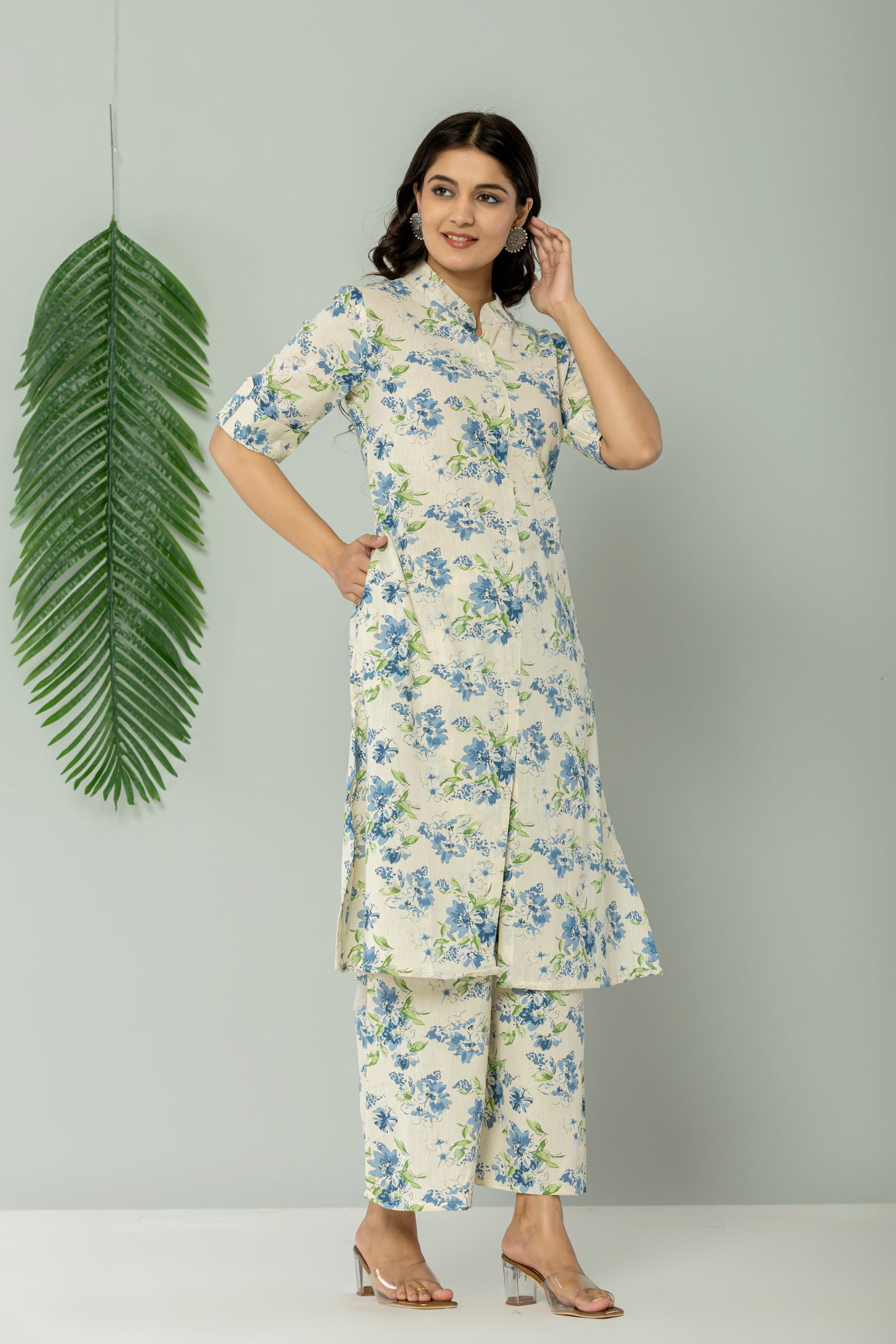 FLORAL PRINT COTTON FLEX 2 PEICE KURTI PLAZZO SET IN CREAM/BLUE BY PLUSSIZEKURTI