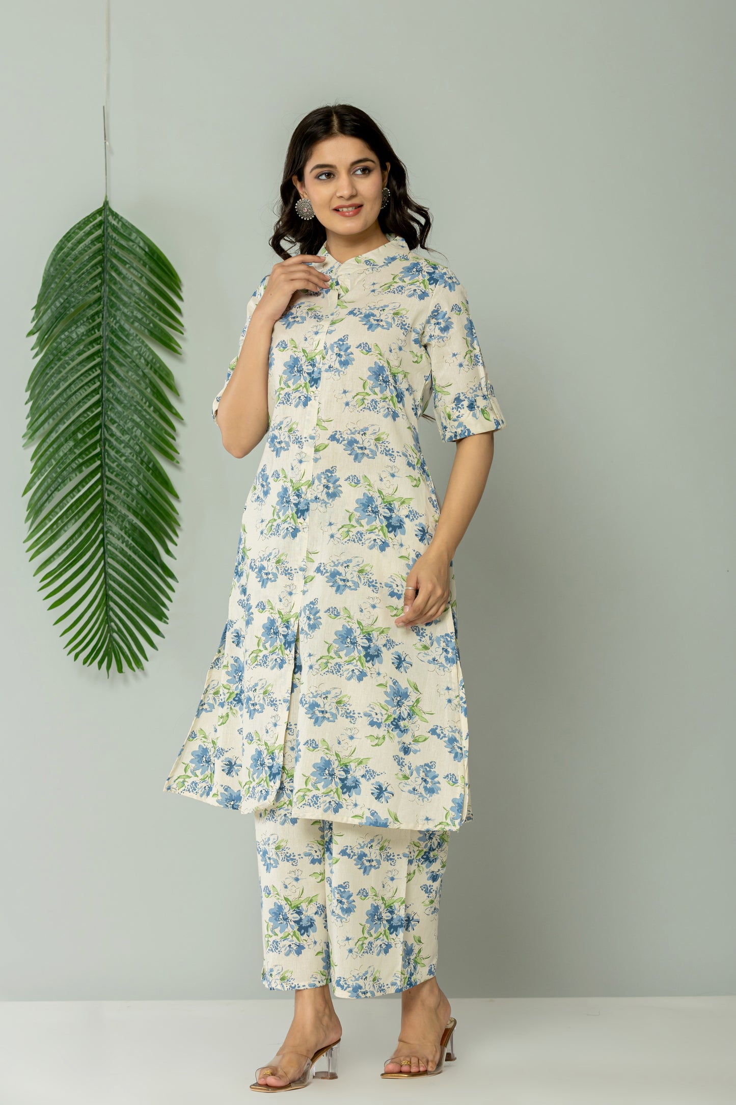 FLORAL PRINT COTTON FLEX 2 PEICE KURTI PLAZZO SET IN CREAM/BLUE BY PLUSSIZEKURTI