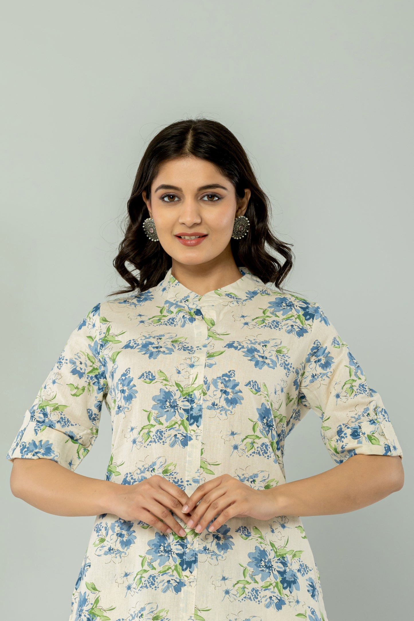 FLORAL PRINT COTTON FLEX 2 PEICE KURTI PLAZZO SET IN CREAM/BLUE BY PLUSSIZEKURTI