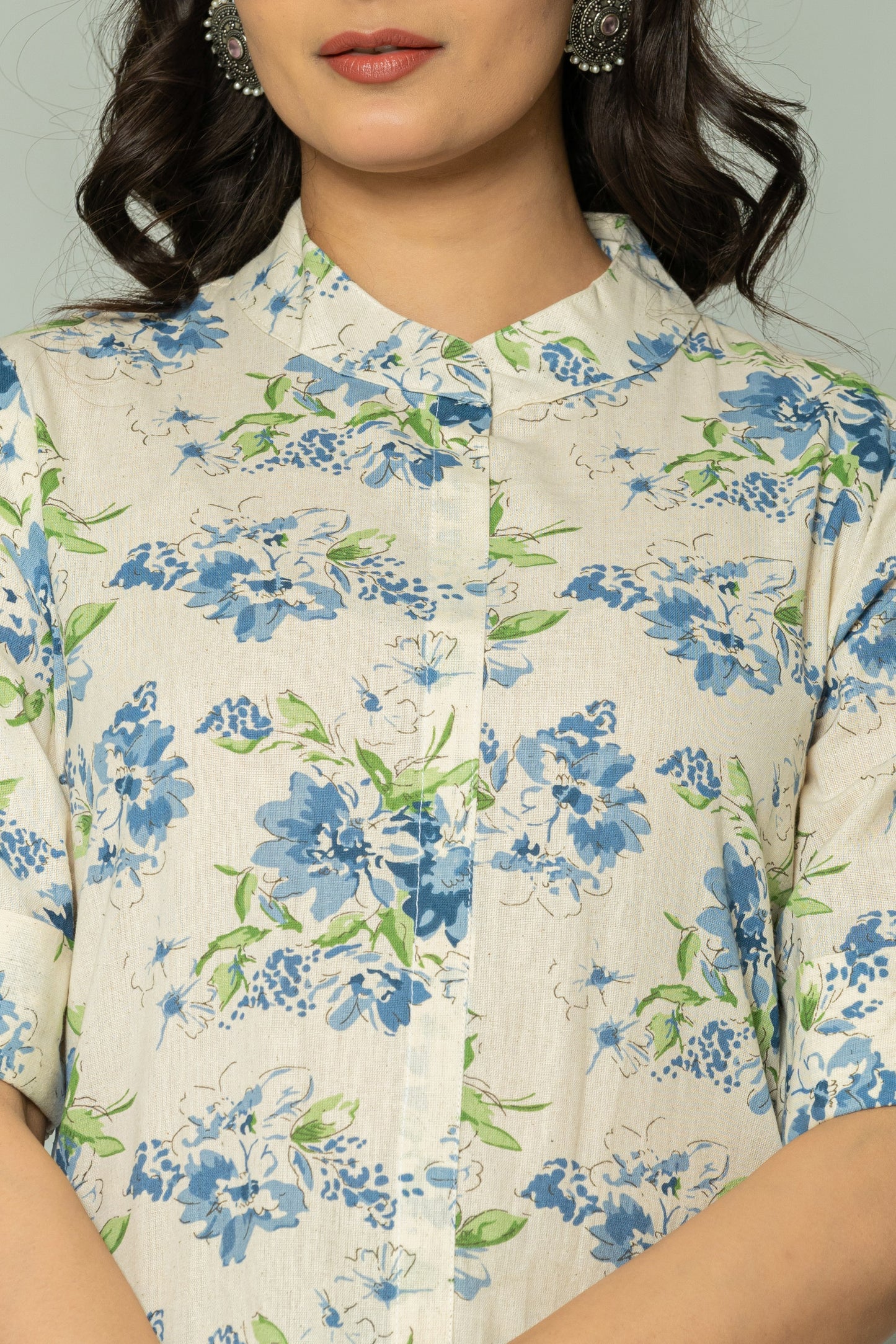 FLORAL PRINT COTTON FLEX 2 PEICE KURTI PLAZZO SET IN CREAM/BLUE BY PLUSSIZEKURTI