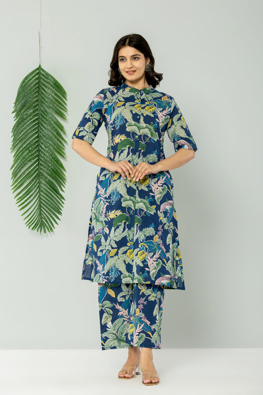 JUNGLE PRINT COTTON 2 PEICE KURTI PLAZZO SET IN BLUE BY PLUSSIZEKURTI