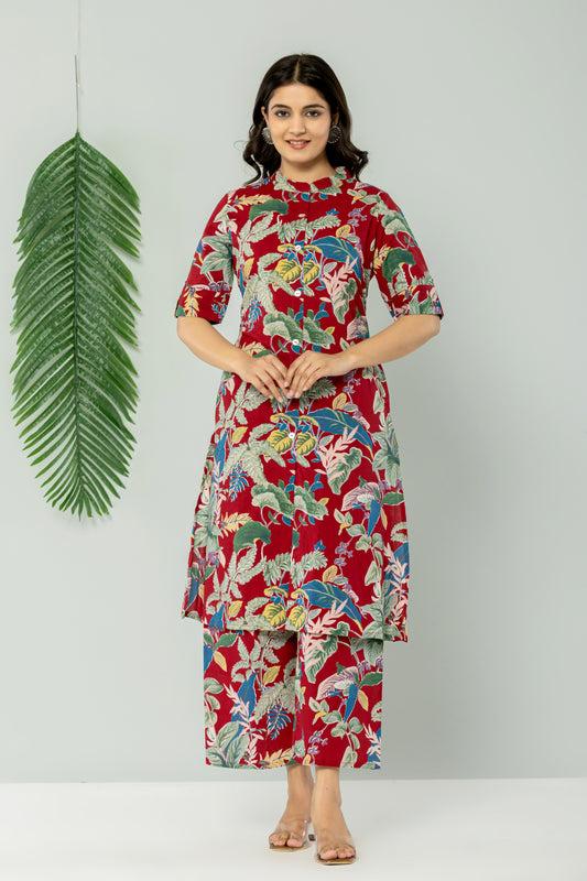 JUNGLE PRINT COTTON 2 PEICE KURTI PLAZZO SET IN CHERRY RED BY PLUSSIZEKURTI