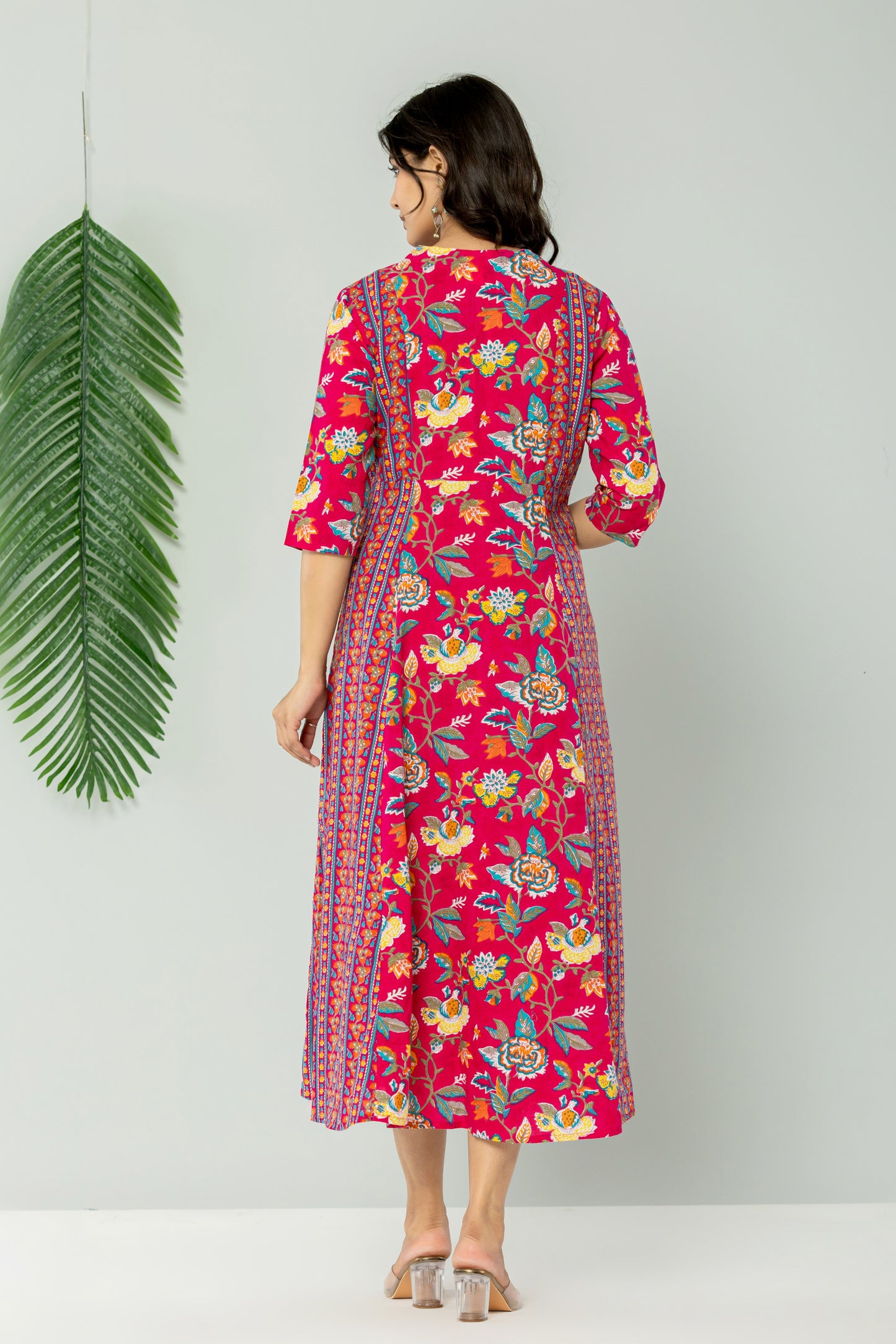 MUGHAL FLORAL PRINT ALINE FLARED COTTON DRESS IN RANIPINK BY PLUSSIZEKURTI