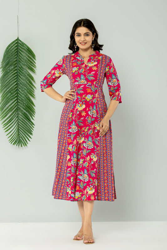 MUGHAL FLORAL PRINT ALINE FLARED COTTON DRESS IN RANIPINK BY PLUSSIZEKURTI