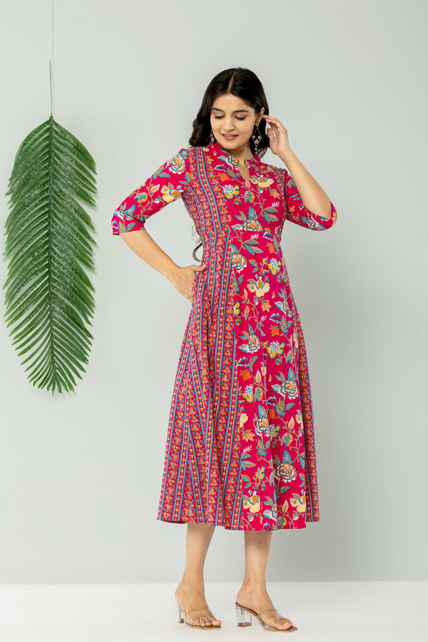 MUGHAL FLORAL PRINT ALINE FLARED COTTON DRESS IN RANIPINK BY PLUSSIZEKURTI