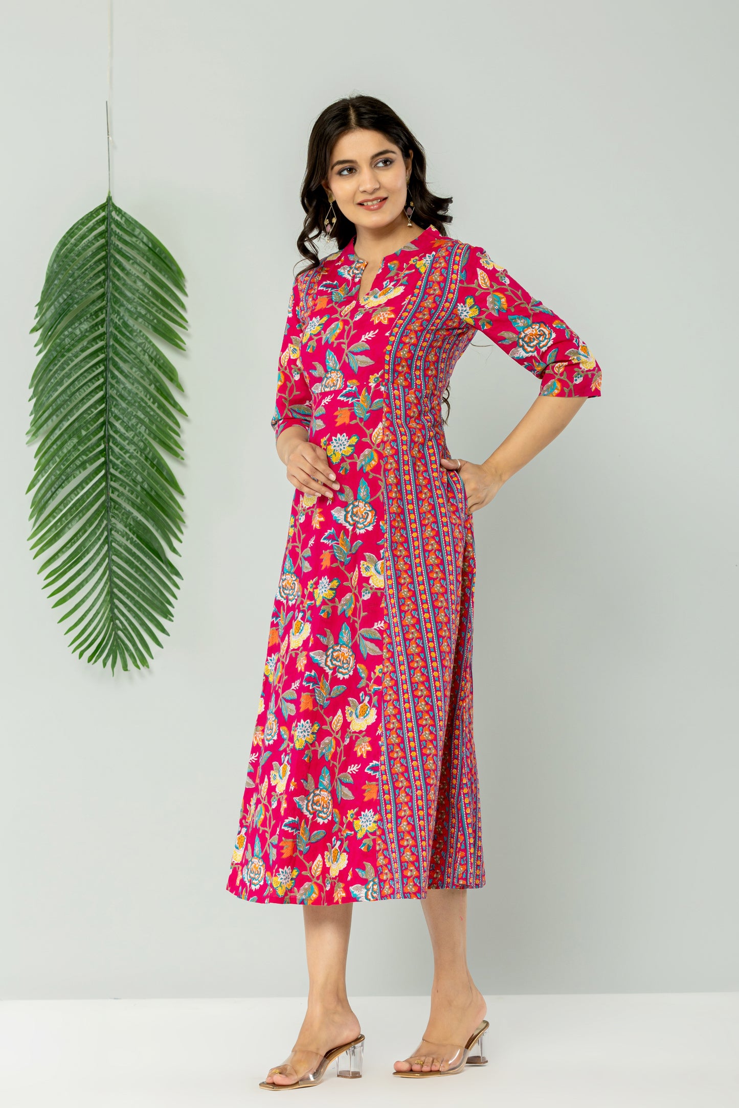 MUGHAL FLORAL PRINT ALINE FLARED COTTON DRESS IN RANIPINK BY PLUSSIZEKURTI