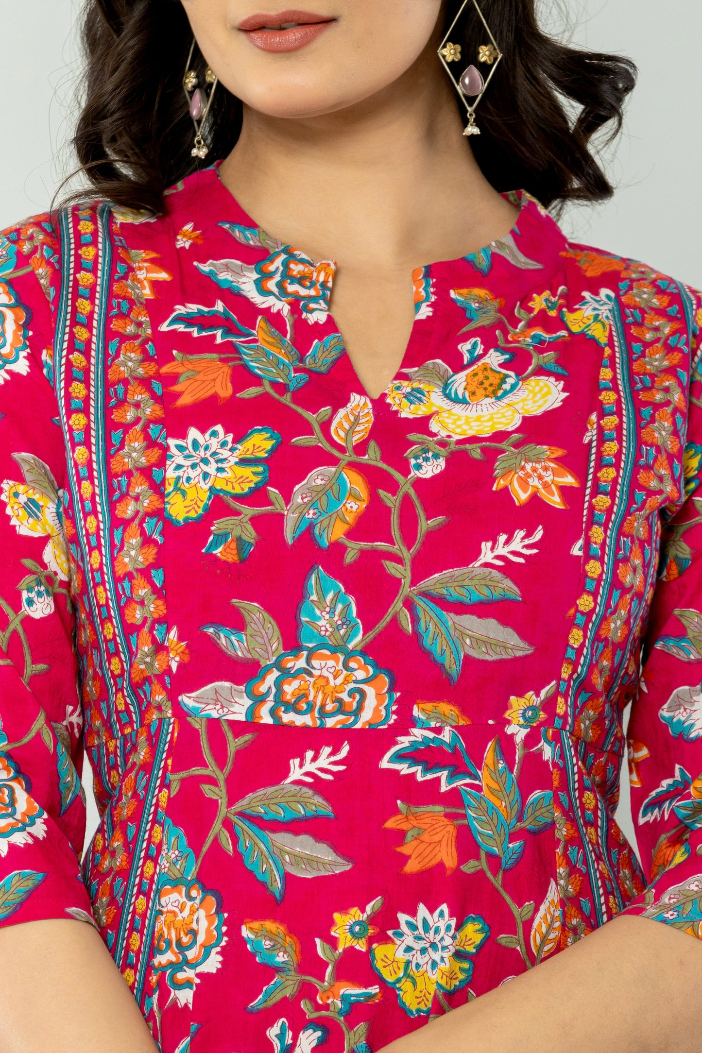 MUGHAL FLORAL PRINT ALINE FLARED COTTON DRESS IN RANIPINK BY PLUSSIZEKURTI