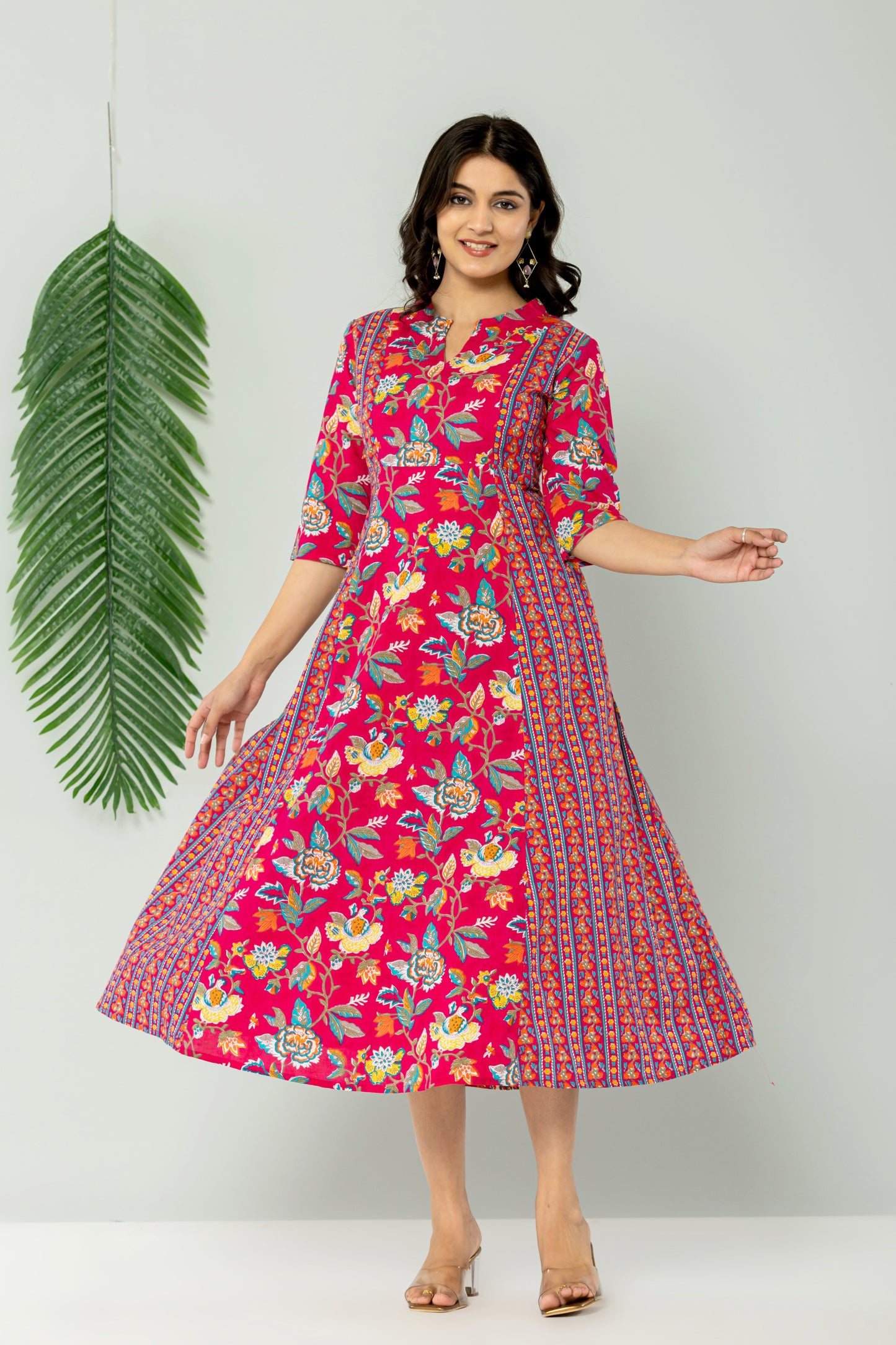 MUGHAL FLORAL PRINT ALINE FLARED COTTON DRESS IN RANIPINK BY PLUSSIZEKURTI