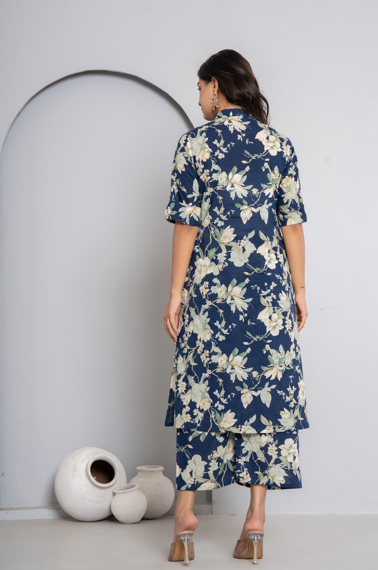 FLORAL PRINT COTTON 2 PEICE KURTI PLAZZO SET IN BLUE BY PLUSSIZEKURTI